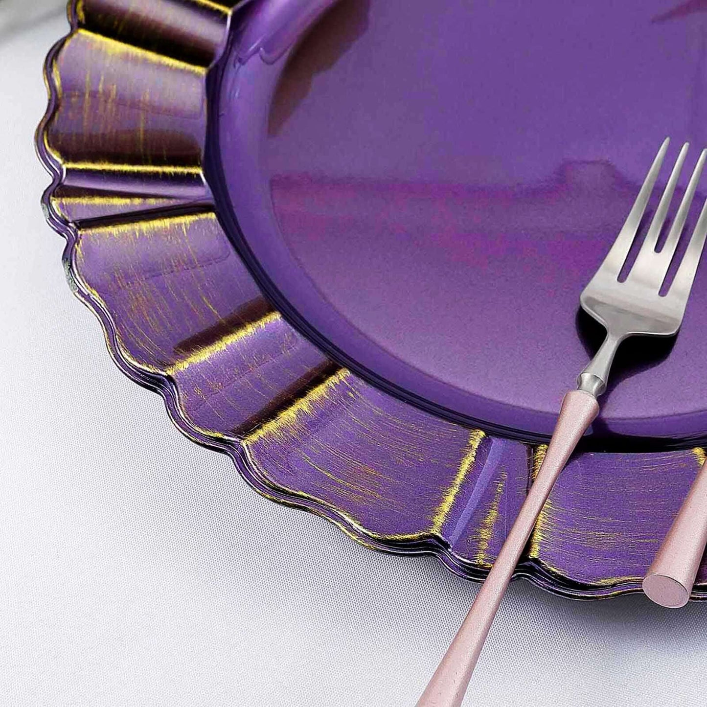 6-Pack Acrylic Plastic Round Charger Plates 13" in Purple with Gold Brushed Wavy Scalloped Rim, Decorative Dinner Party Charger Tableware