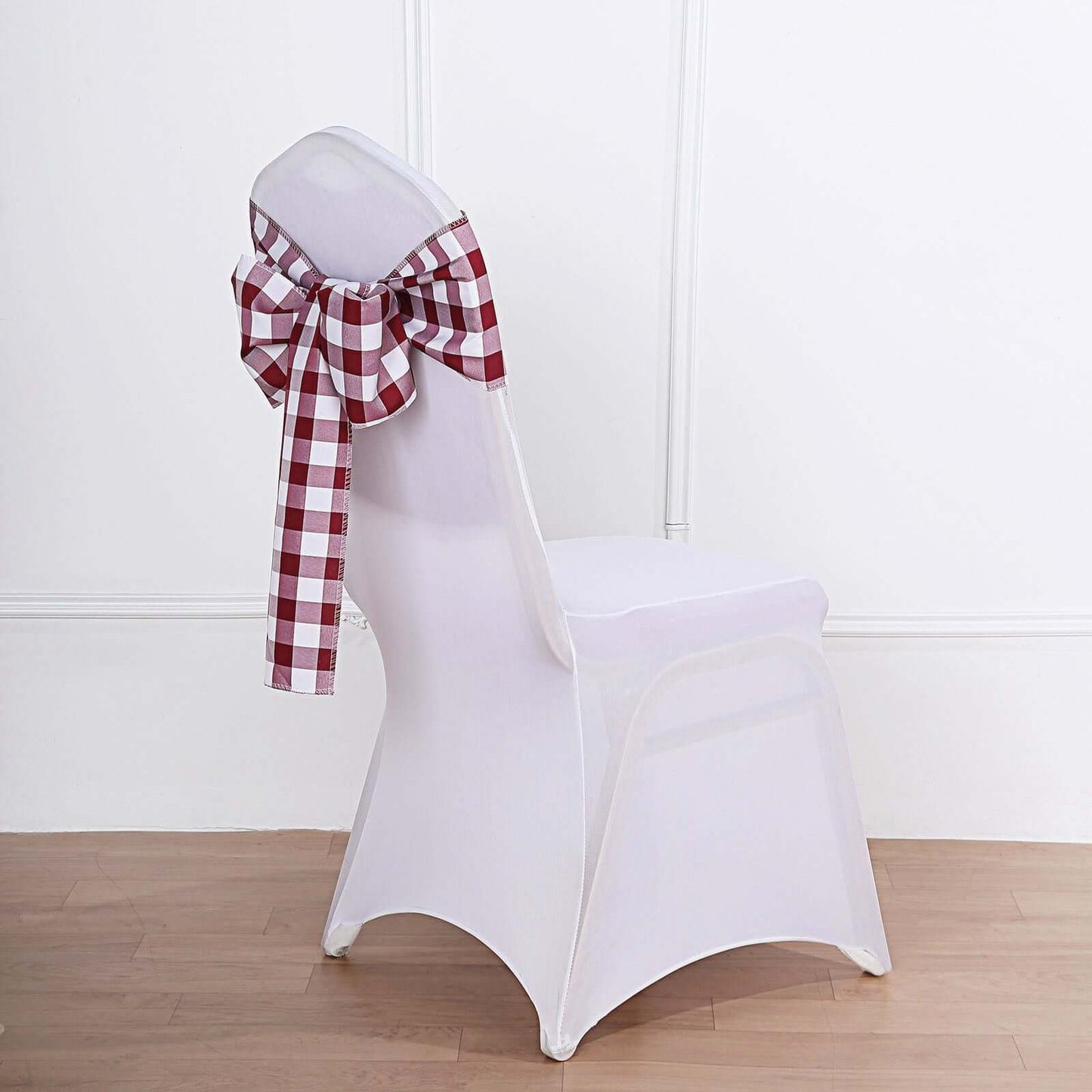 5 Pack Polyester Chair Sashes Burgundy/White Buffalo Plaid - Durable & Reusable Chair Bows 6"x108"