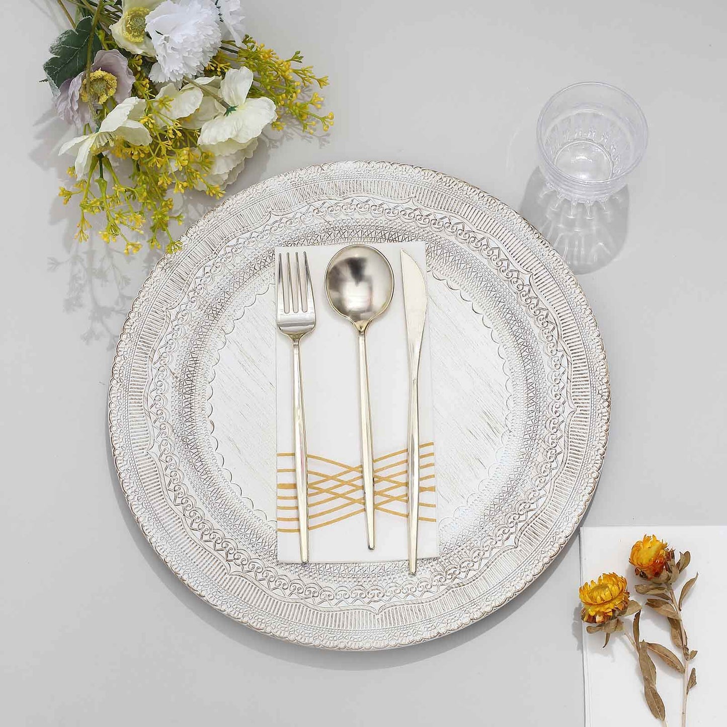 6-Pack Acrylic Round Charger Plates 13" in White with Lace Embossed Rim, Rustic Plastic Decorative Charger Tableware