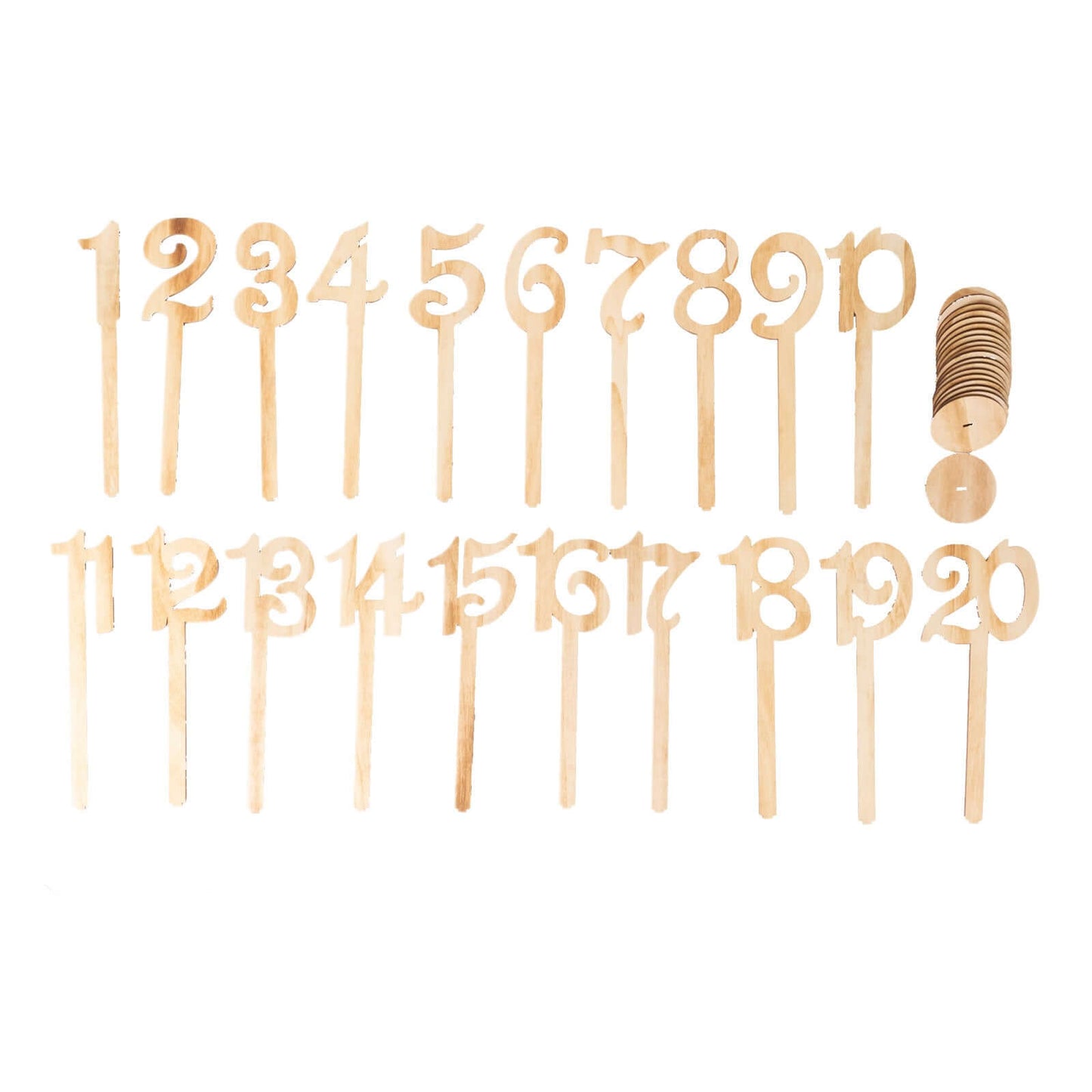Set of 20 Wooden Wedding Table Numbers Natural 1-20 with Round Holder Base - Rustic Table Signs for Receptions 11" Tall
