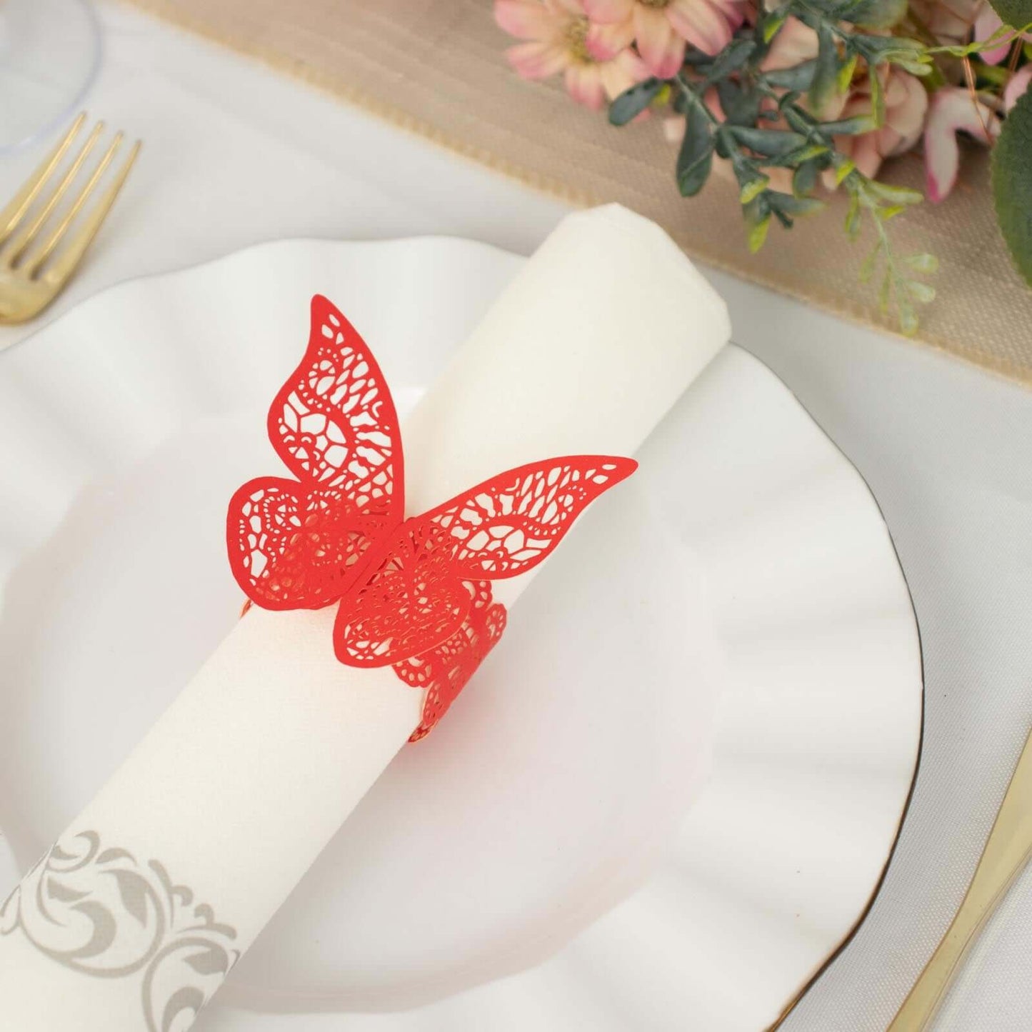 12-Pack Paper Napkin Rings Laser Cut Butterfly Red Shimmery - Decorative Serviette Holders