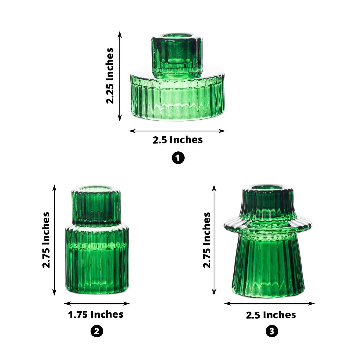 Set of 6 Glass Taper Candle Holders Ribbed Crystal Design Hunter Emerald Green - Reversible Mini Votive Tealight Stands 3"