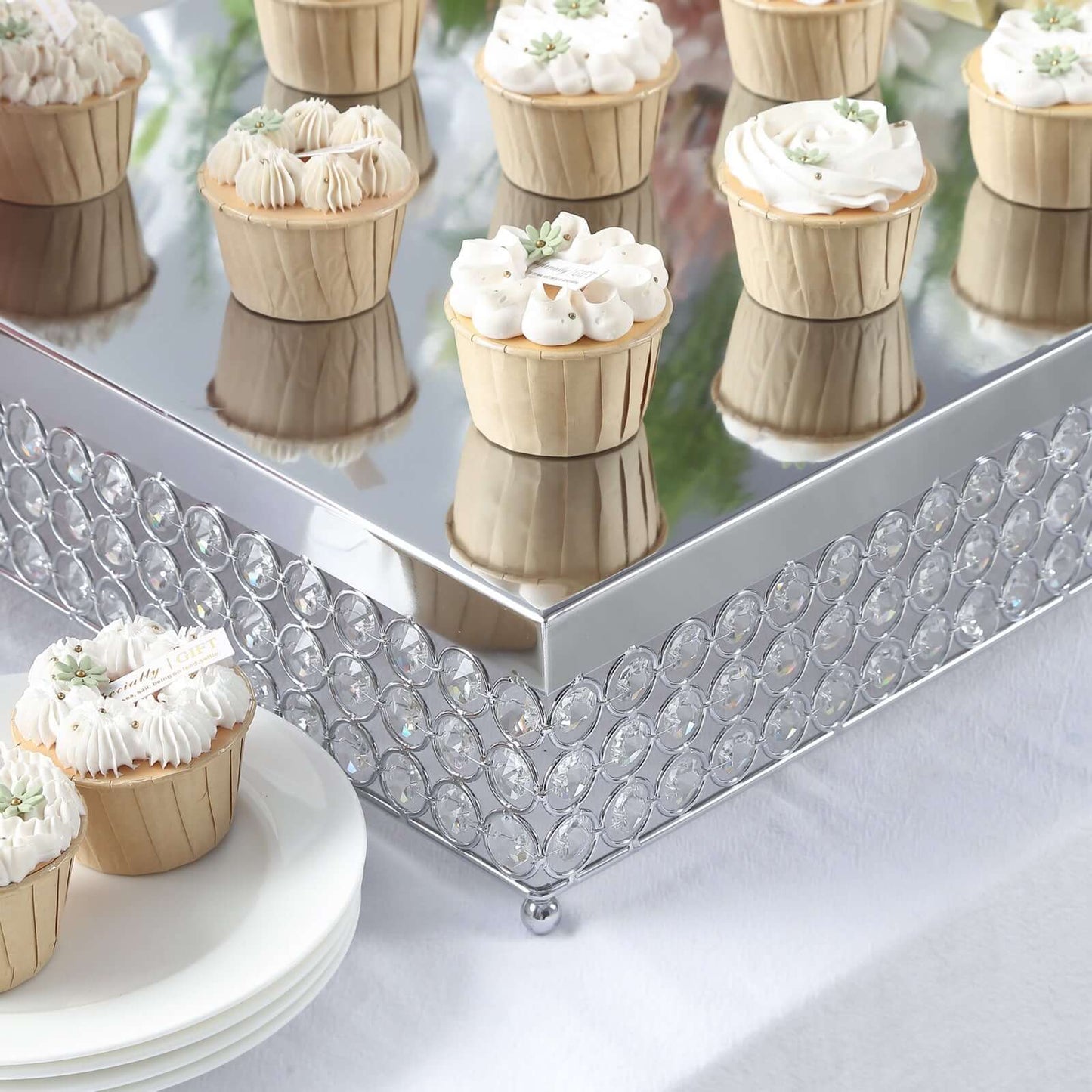 Metal Cake Stand Square Design with Crystal Beads Silver - Dessert Pedestal for Events 16"