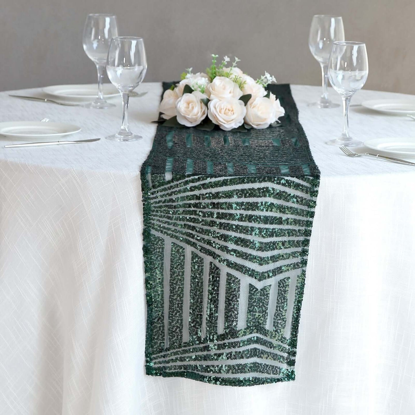 Sequin 12"x108" Table Runner Hunter Emerald Green - Diamond Glitz Design
