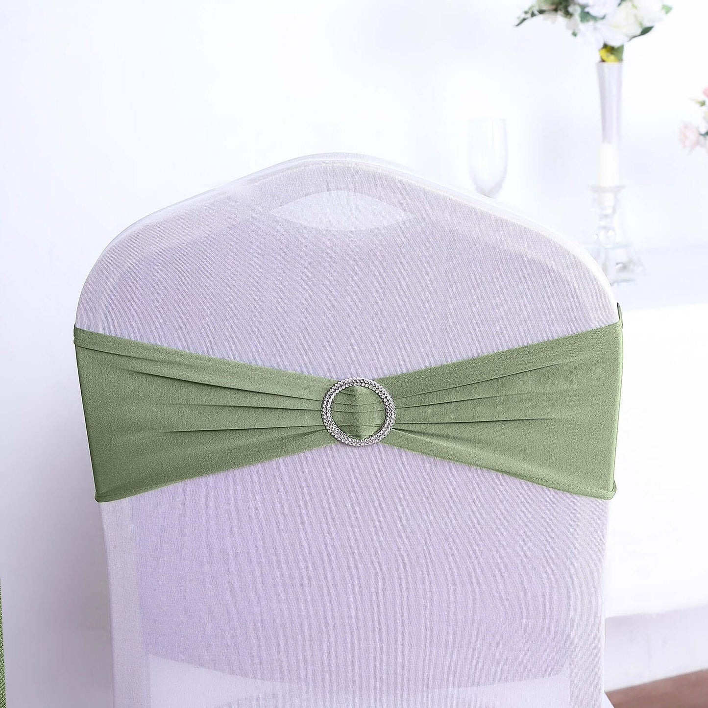 5 Pack Stretch Spandex Chair Sashes Dusty Sage Green - Reusable Chair Bands with Silver Diamond Ring Slide Buckle 5"x14"