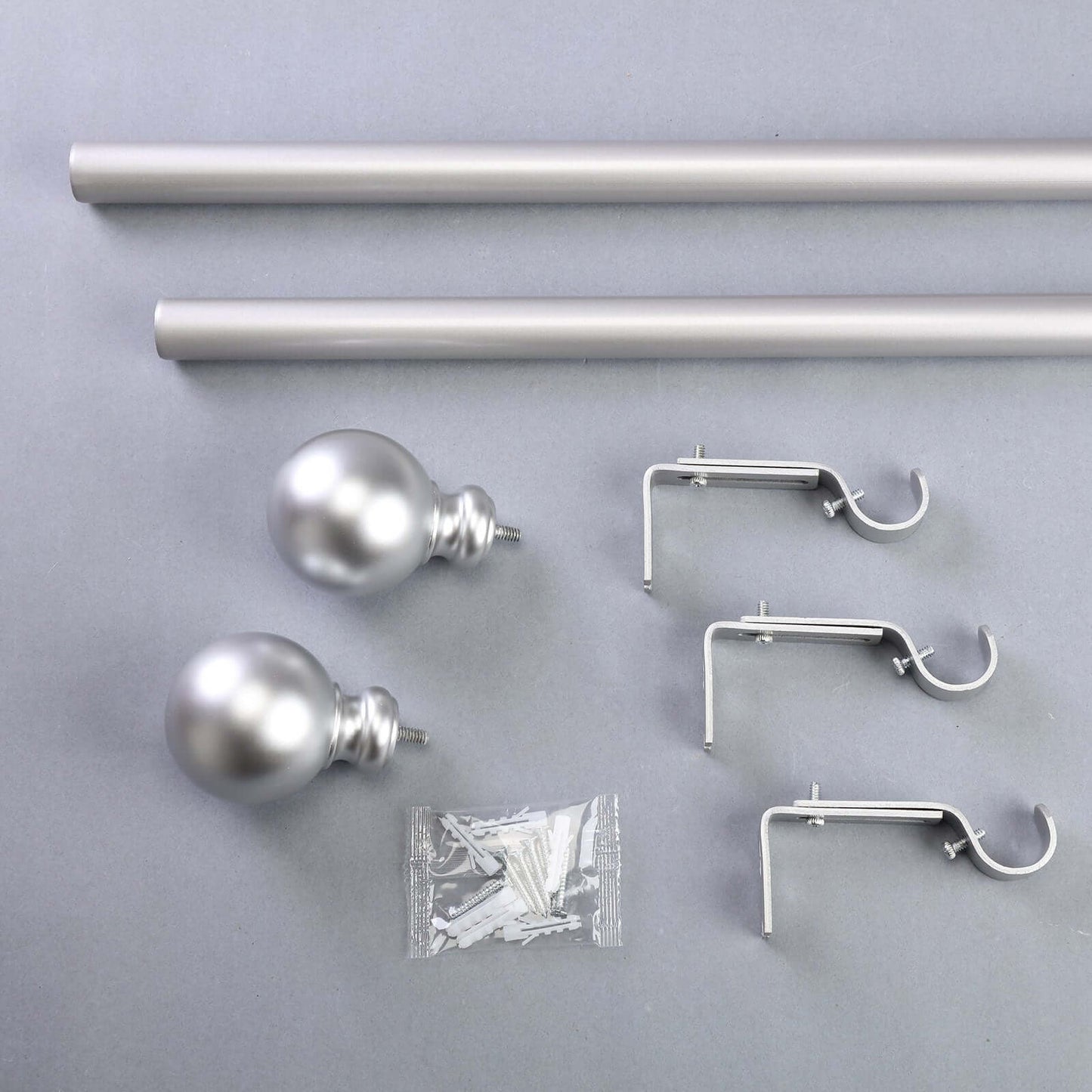 42"-126" Adjustable Curtain Rod Set, Silver, Round Finials