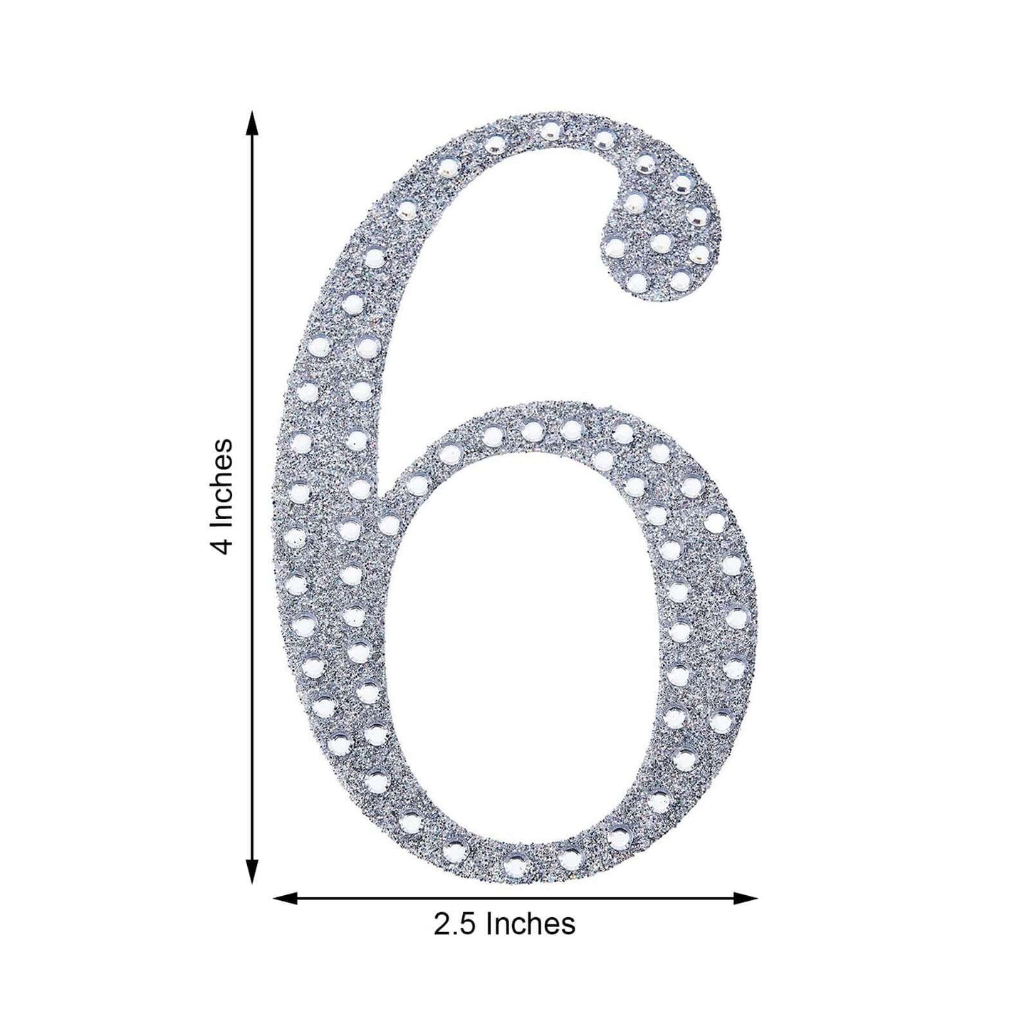 Decorative Rhinestone Number "6" Stickers, Glitter Adhesive Craft Numbers Silver DIY Sparkle Embellishments 4"