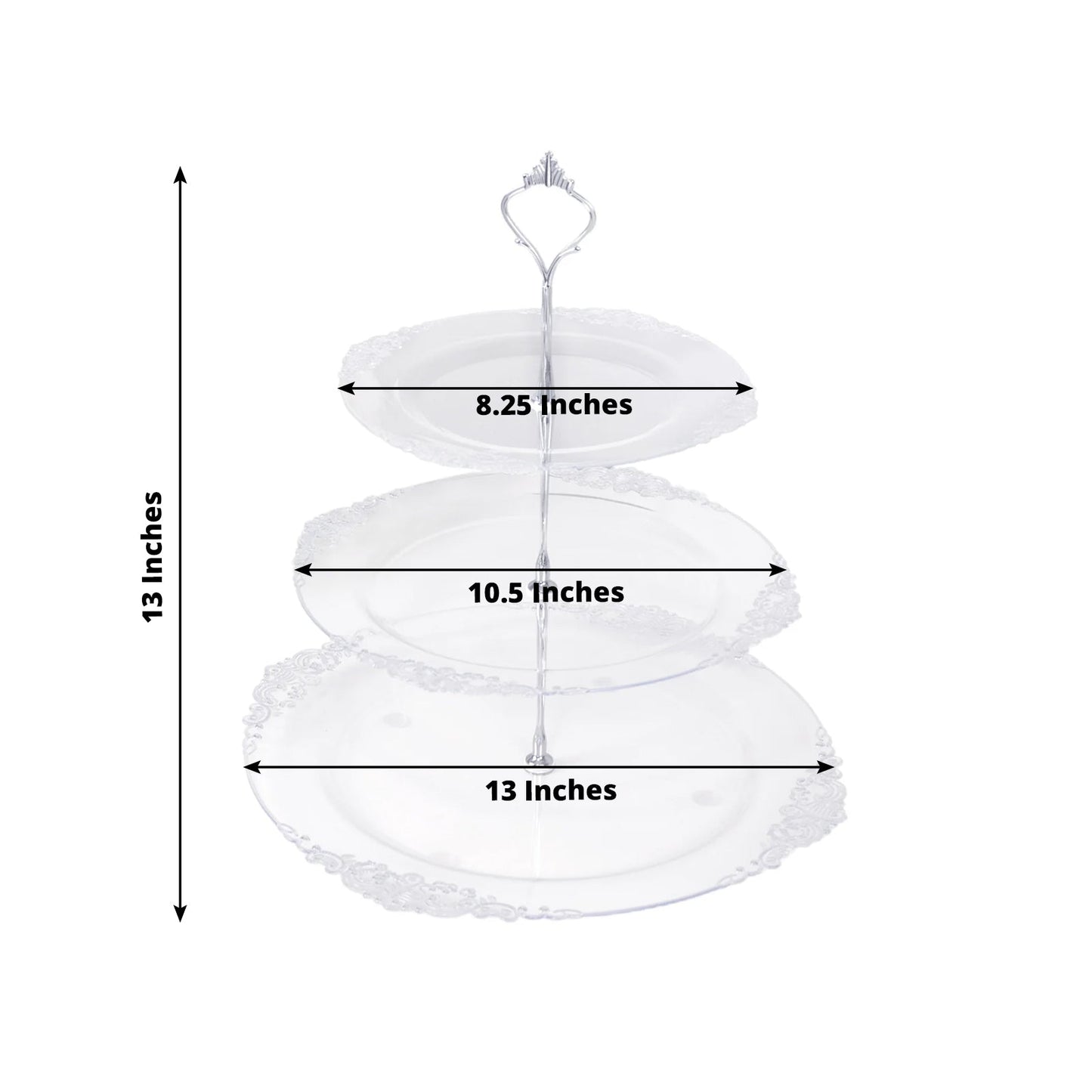 3-Tier Clear Plastic Cupcake Tower Stand with Silver Embossed Baroque Rim, 13" Round Cake Dessert Holder Display Stand Tiered Serving Tray with Top Handle