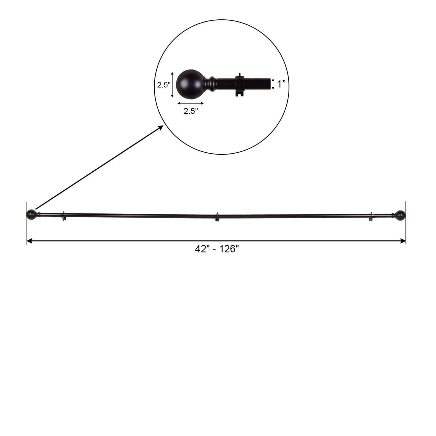 42"-126" Adjustable Curtain Rod Set, Bronze, Round Finials