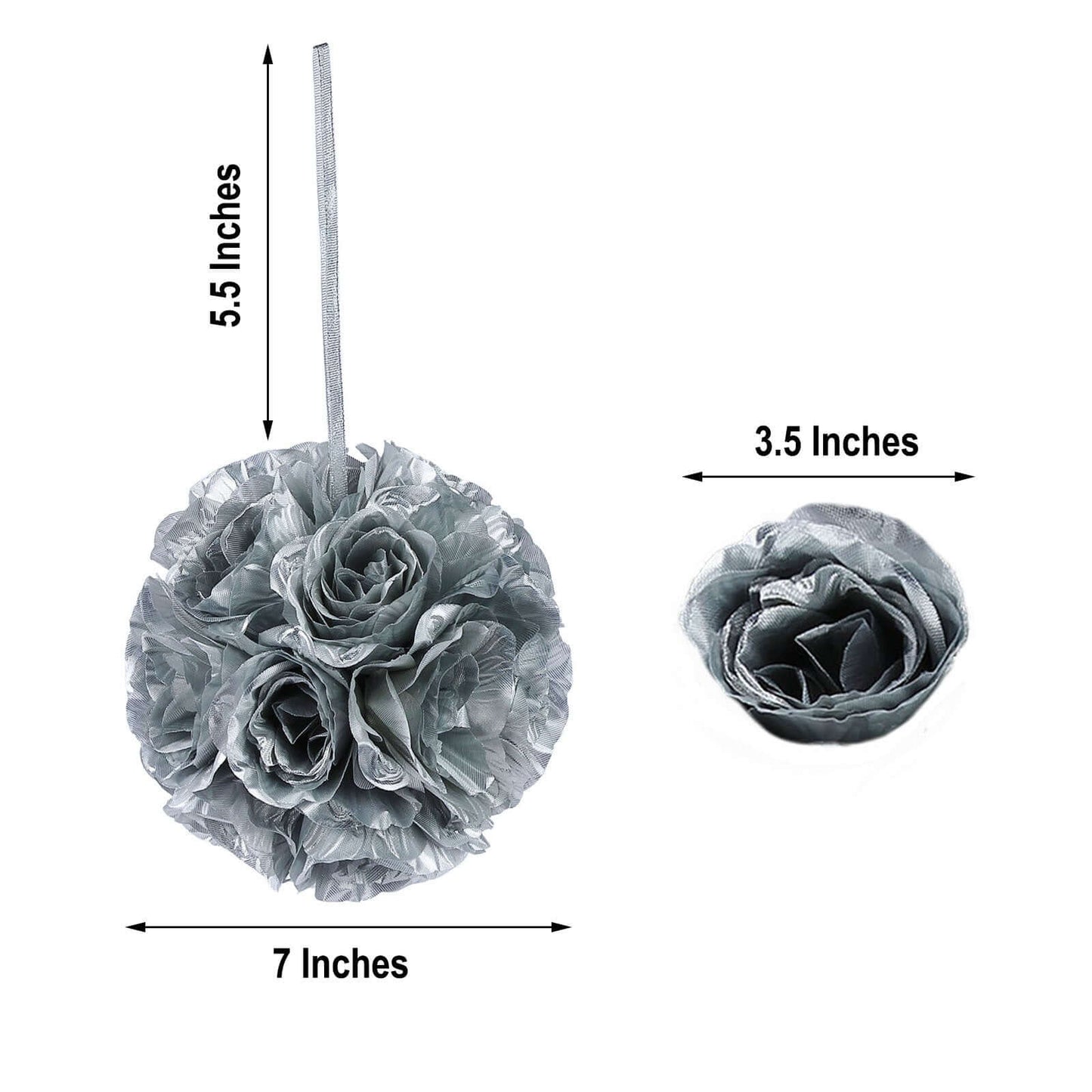 2 Pack 7" Silver Artificial Silk Rose Kissing Ball, Faux Flower Ball