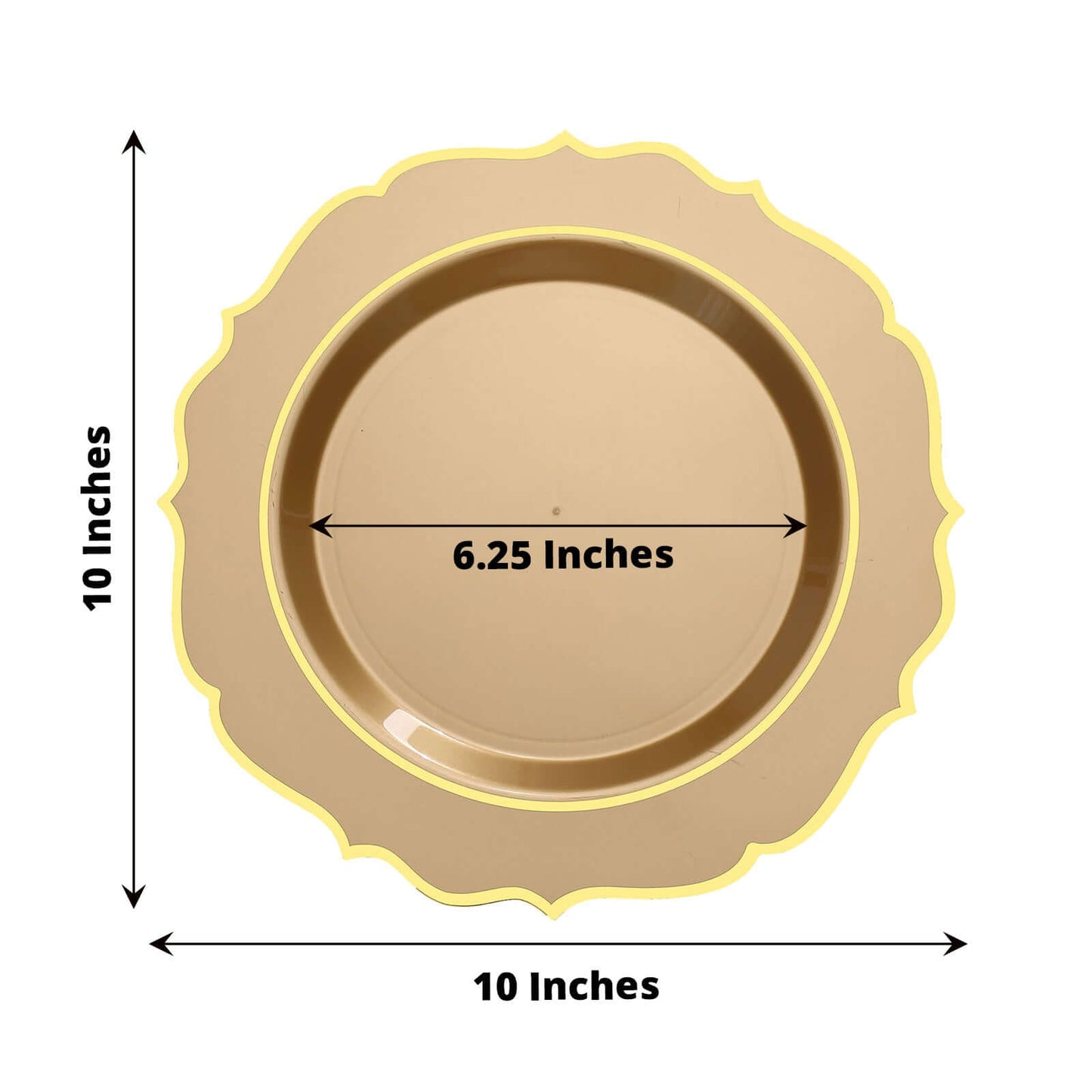 10-Pack Plastic 10" Round Dinner Plates in Gold with Gold Scalloped Rim - Disposable Party Plates