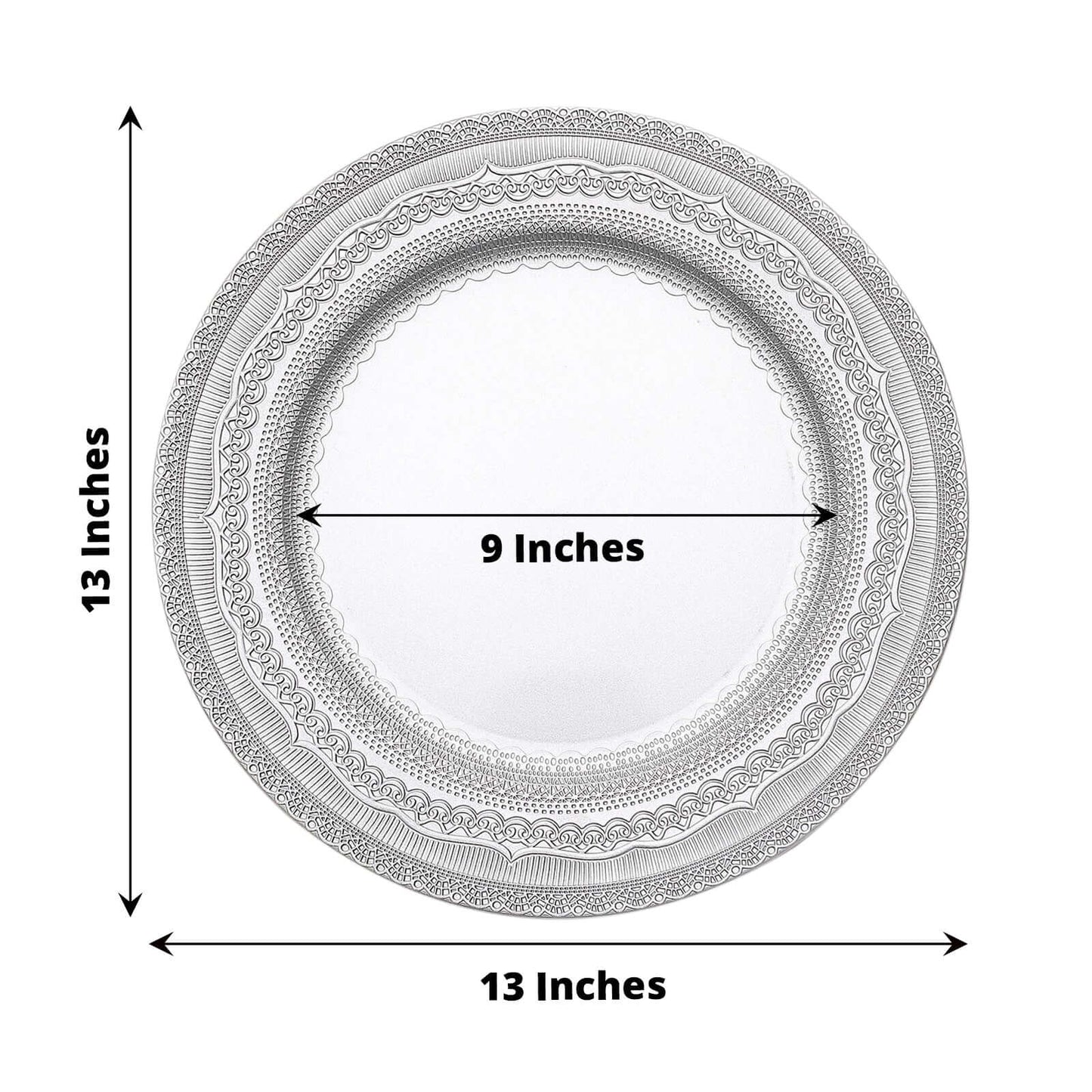 6-Pack Acrylic Round Charger Plates 13" in Silver with Lace Embossed Rim, Rustic Plastic Decorative Charger Tableware