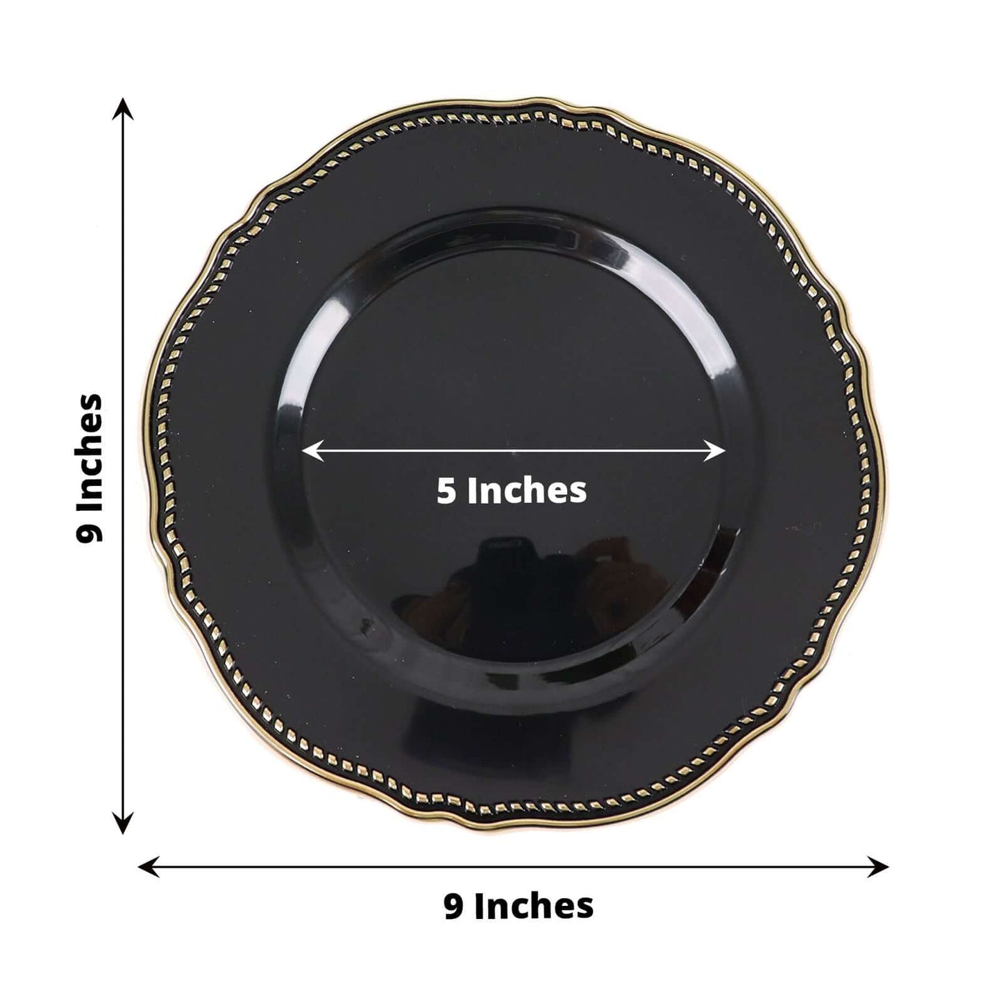 10-Pack Plastic Dinner Plates in Black with Gold Scalloped Rim - Disposable Party Plates for Upscale Events & Banquets 9"