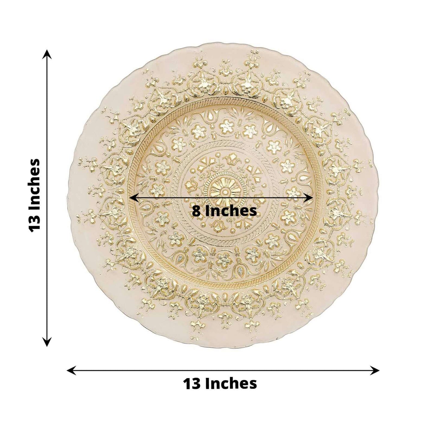 8-Pack Glass Round Charger Plates 13" in Gold with Monaco Style Ornate Design, Classy Decorative Dinner Chargers