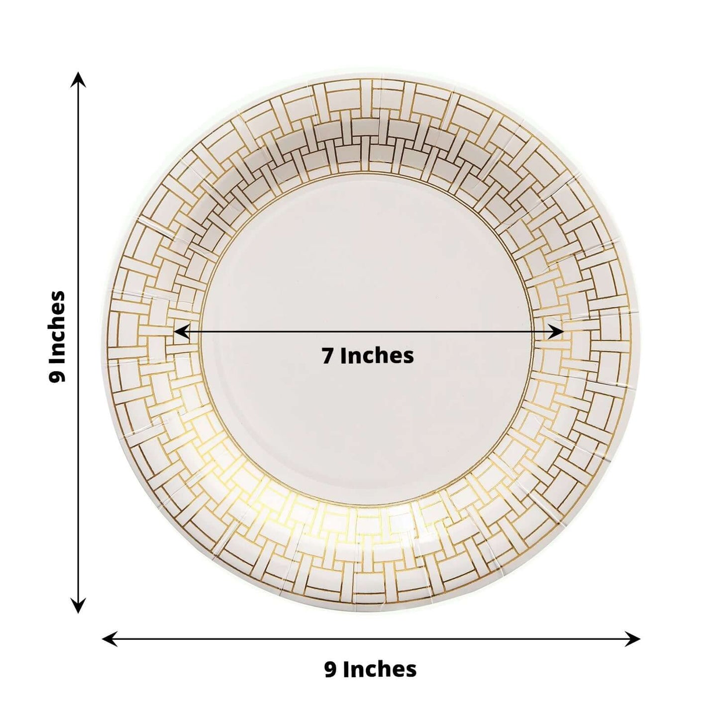 25-Pack Paper 9" Round Dinner Plates in White with Gold Basketweave Rim - Disposable Party Plates for Stylish SoirÃ©es & Festive Brunches