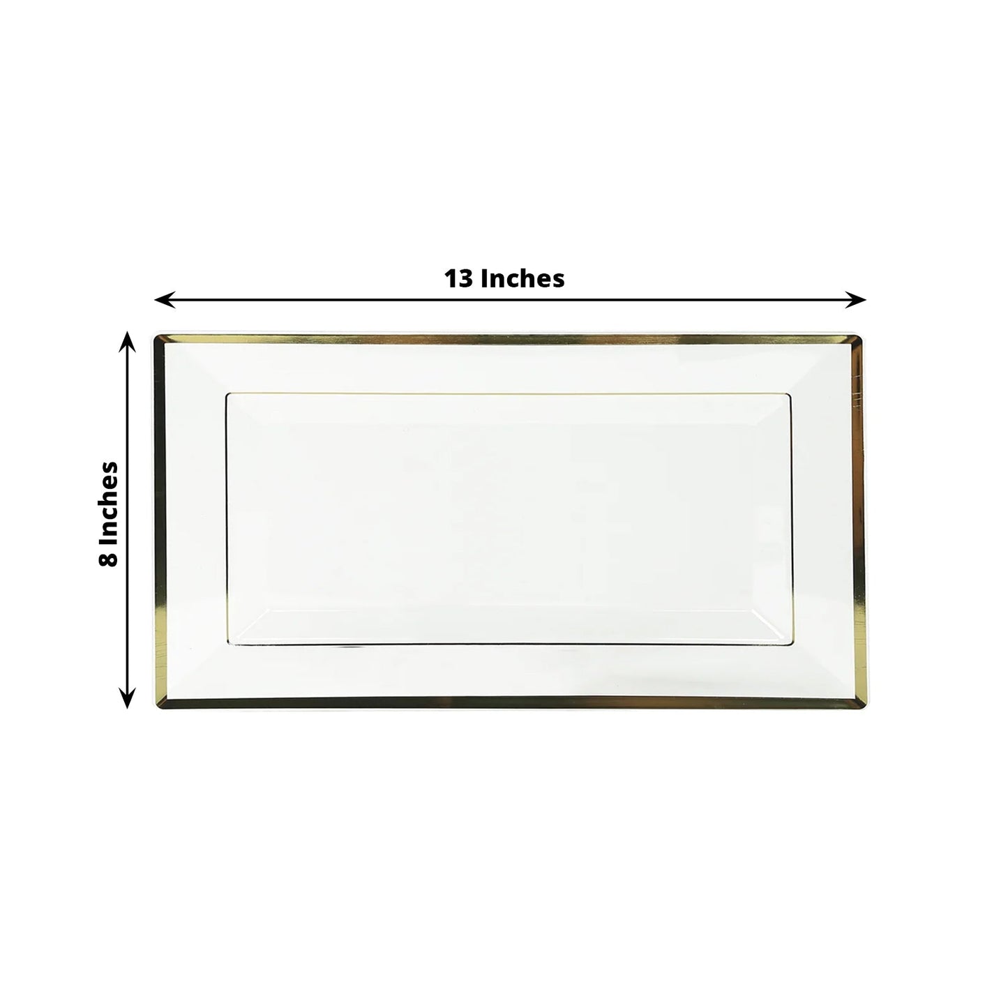 10-Pack Plastic 13"x8" Rectangle Serving Trays Clear with Gold Rim - Durable Reusable Sleek Design for Upscale Events & Parties