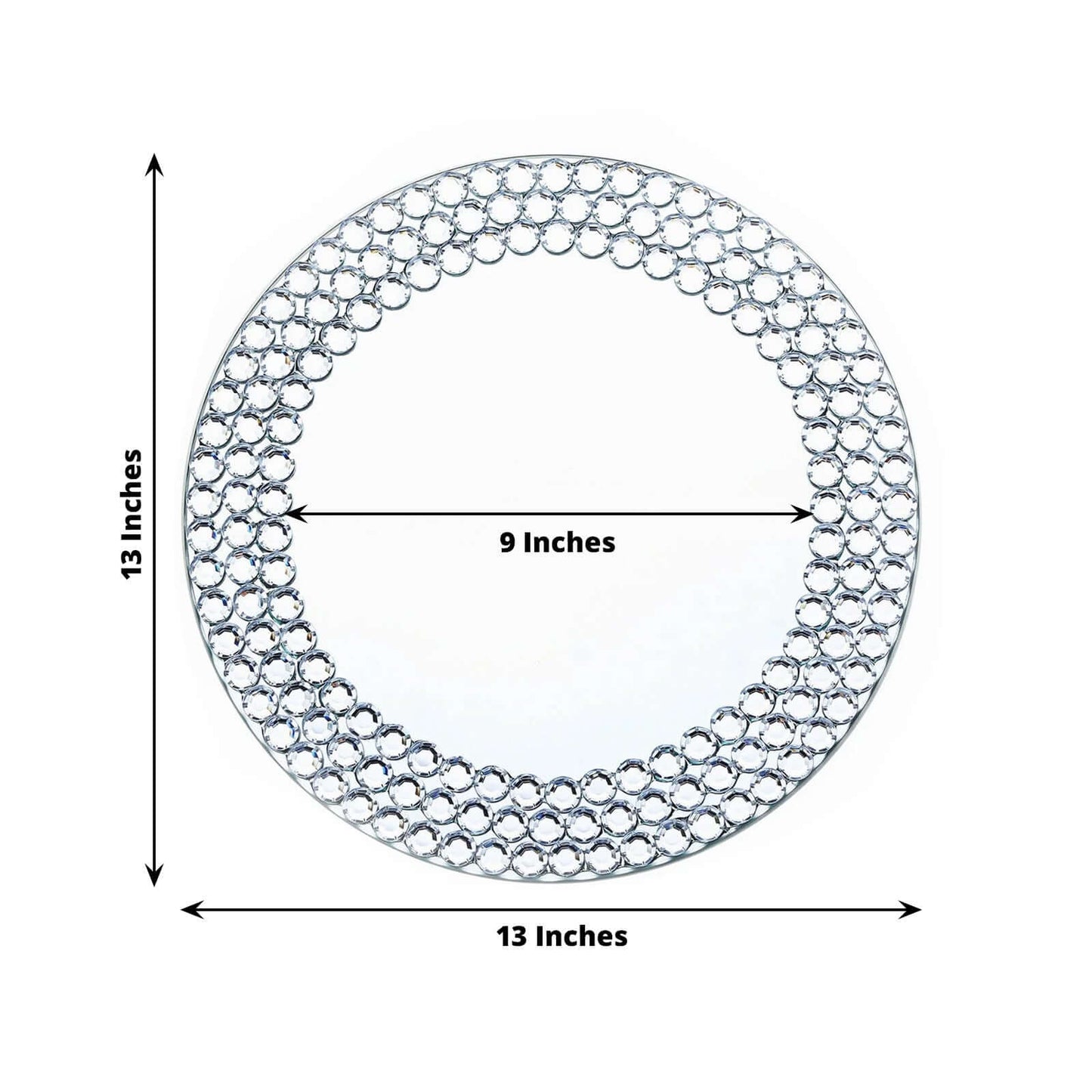 2-Pack Mirror Glass Round Charger Plates 13" with Silver Mirror Diamond Beaded Rim, Upscale Decorative Chargers