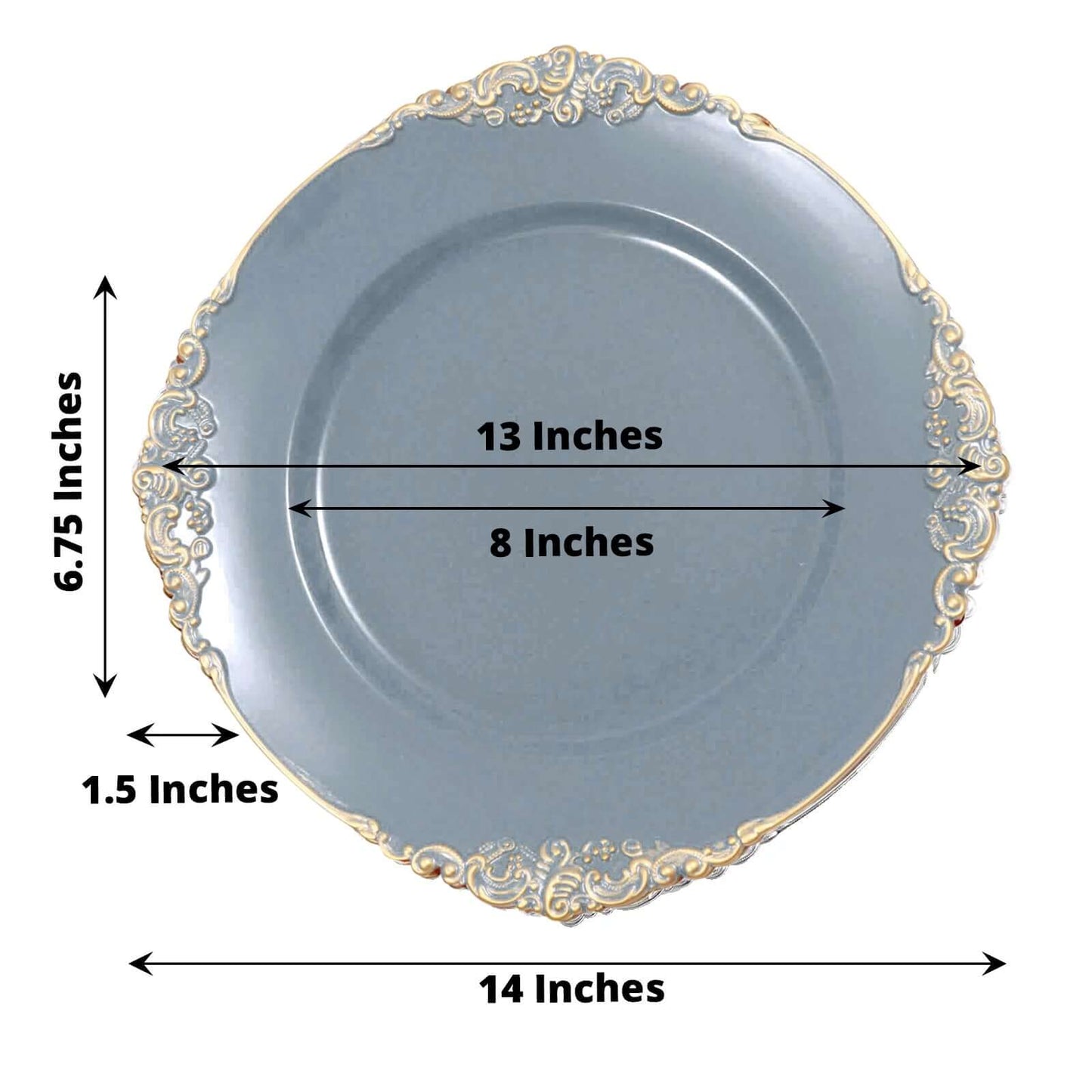 6-Pack Acrylic Round Charger Plates 13" in Dusty Blue with Gold Embossed Baroque Rim, Antique Decorative Dinner Party Charger Tableware