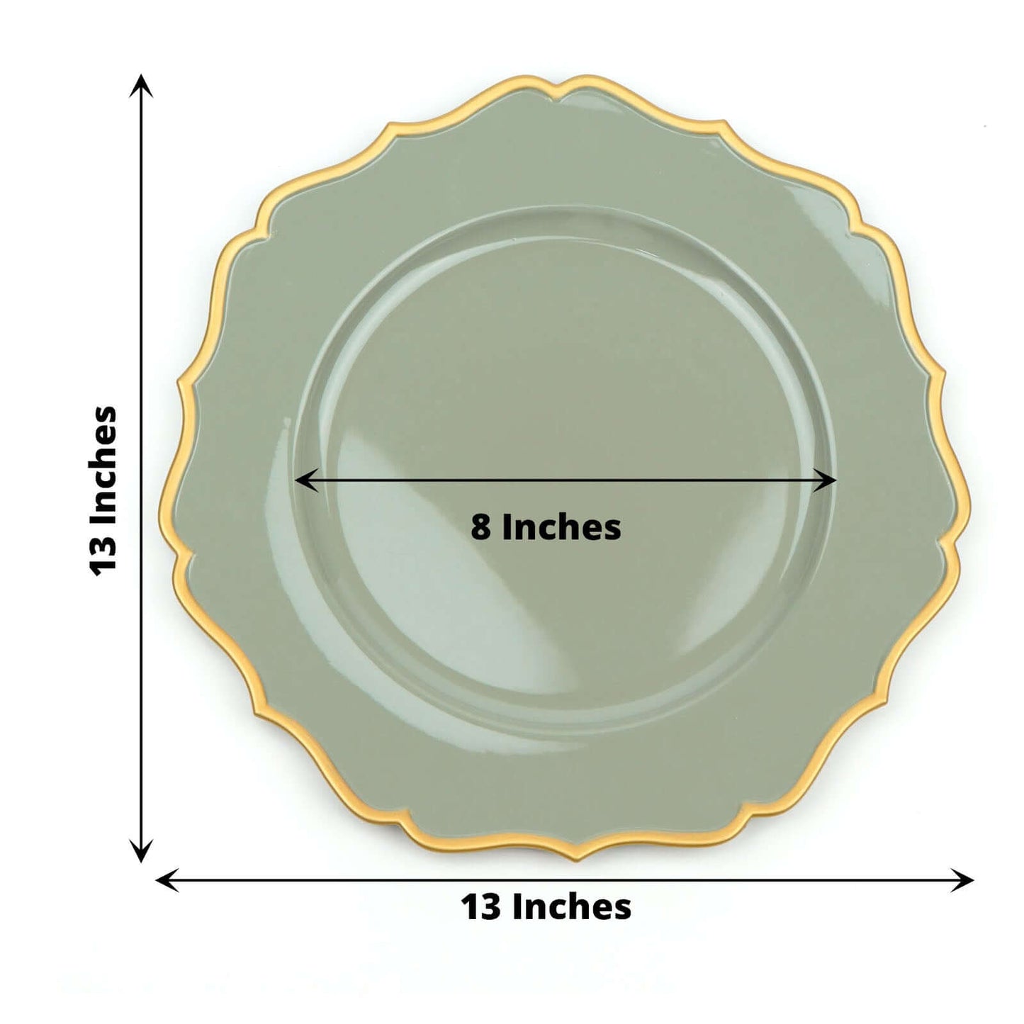 6-Pack Acrylic Round Charger Plates 13" in Dusty Sage Green with Gold Scalloped Rim, Decorative Dinner Party Plastic Charger Tableware