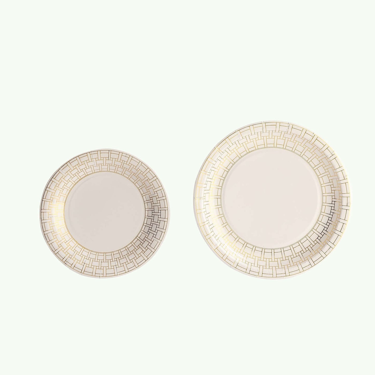 25-Pack Paper 7" Round Dessert Plates in White with Gold Basketweave Rim