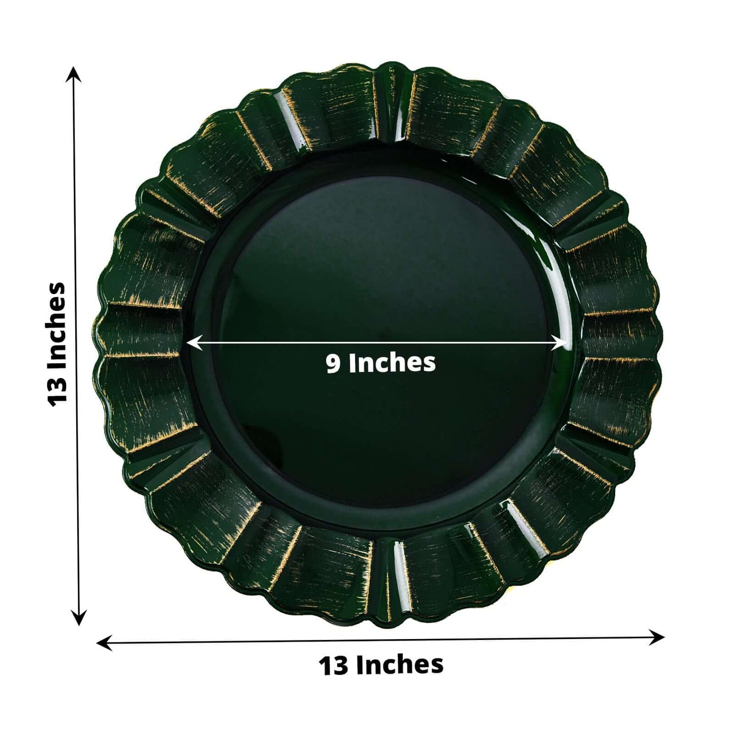6-Pack Acrylic Plastic Round Charger Plates 13" in Hunter Emerald Green with Gold Brushed Wavy Scalloped Rim