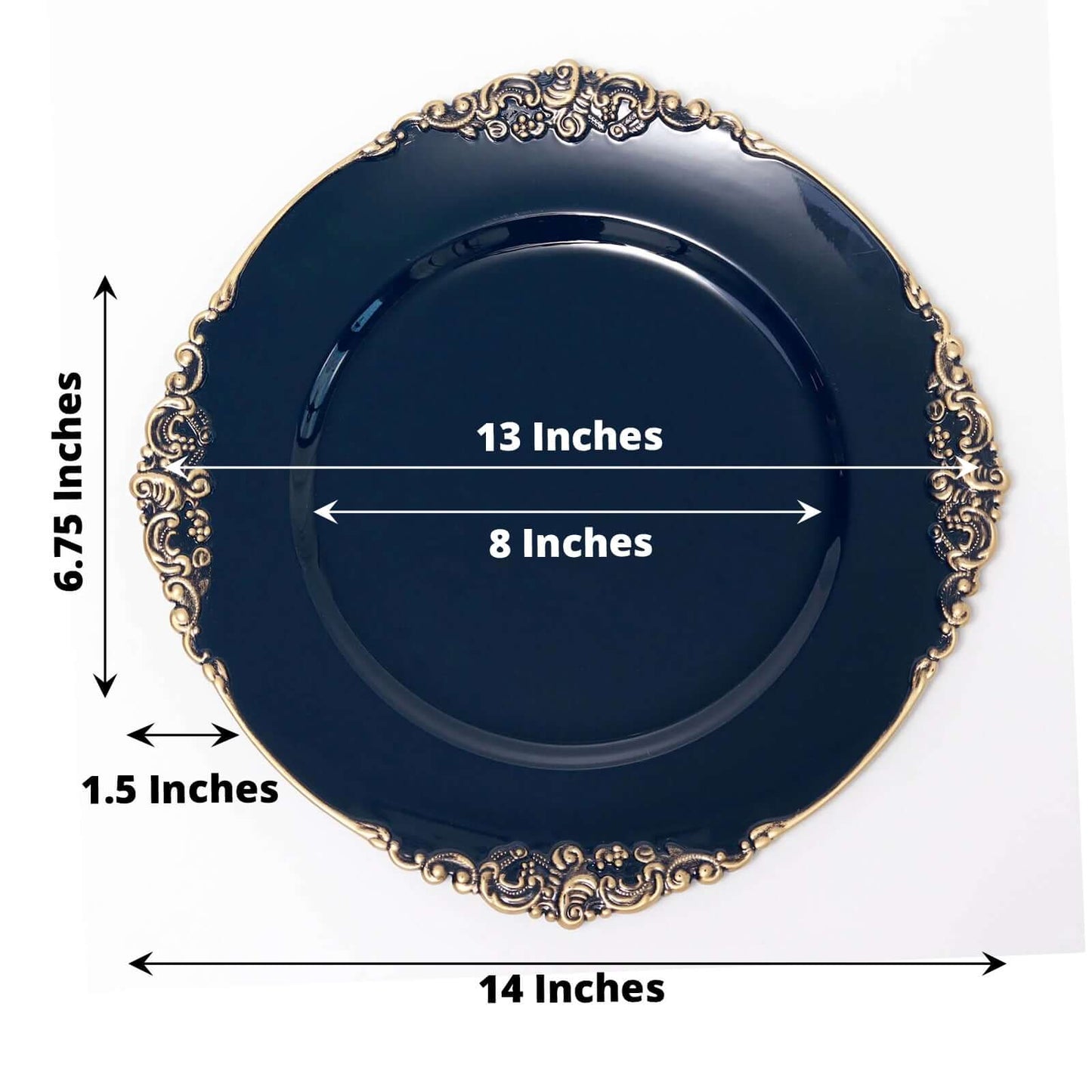 6-Pack Acrylic Round Charger Plates 13" in Navy Blue with Gold Embossed Baroque Rim, Antique Decorative Dinner Party Charger Tableware