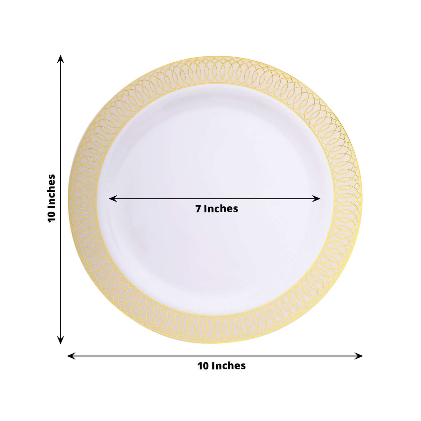 10-Pack Plastic Round Dinner Plates 10" White with Beige Gold Spiral Rim - Chic Disposable Party Plates