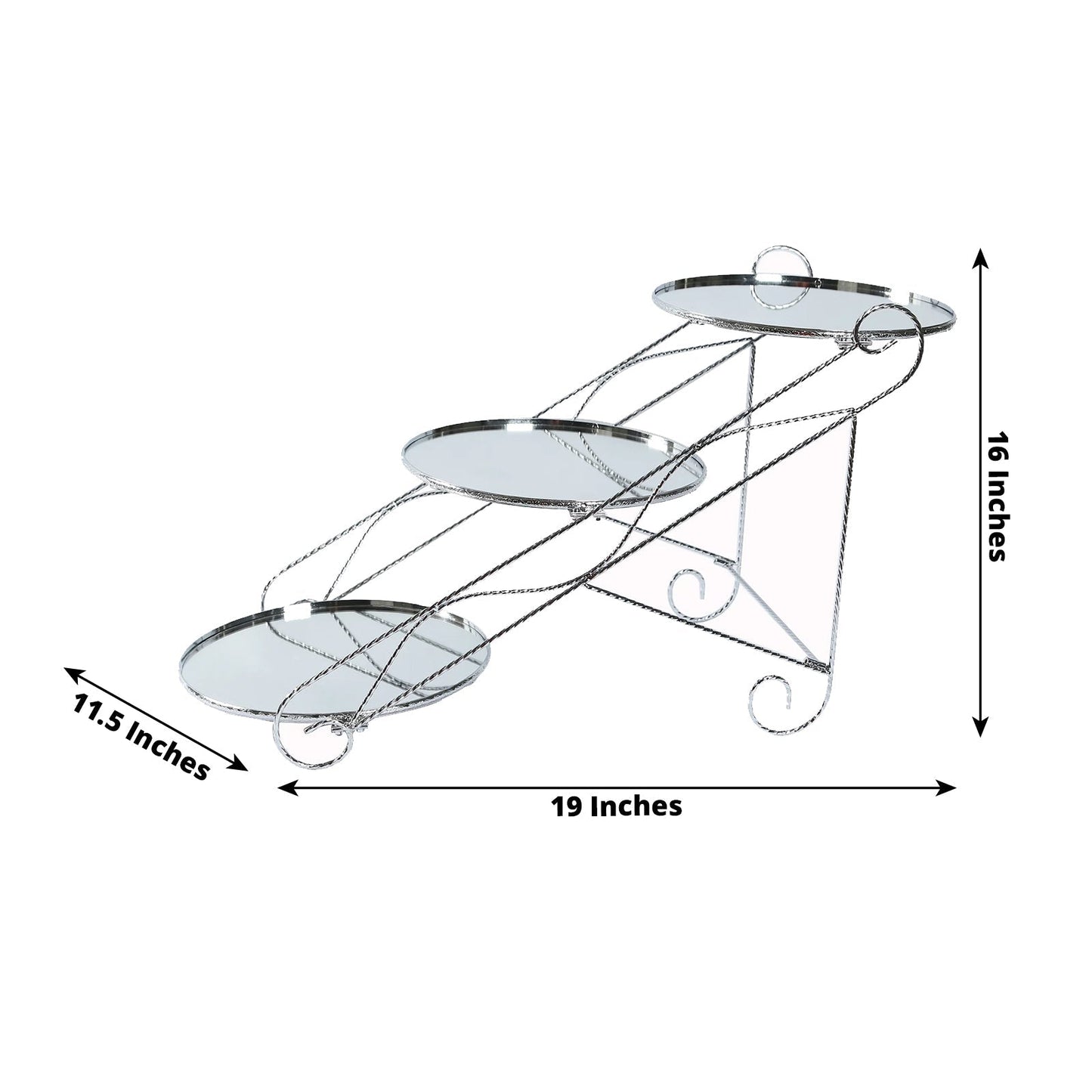 3-Tier Cake Stand Cascading Design with Round Mirror Trays Silver - Dessert Display and Serving Platter Metal 16"x19"