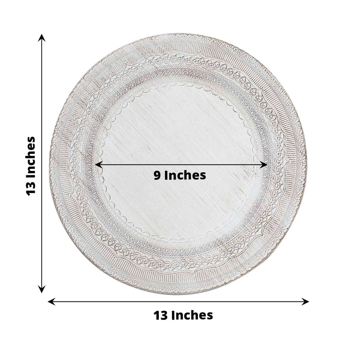 6-Pack Acrylic Round Charger Plates 13" in White with Lace Embossed Rim, Rustic Plastic Decorative Charger Tableware