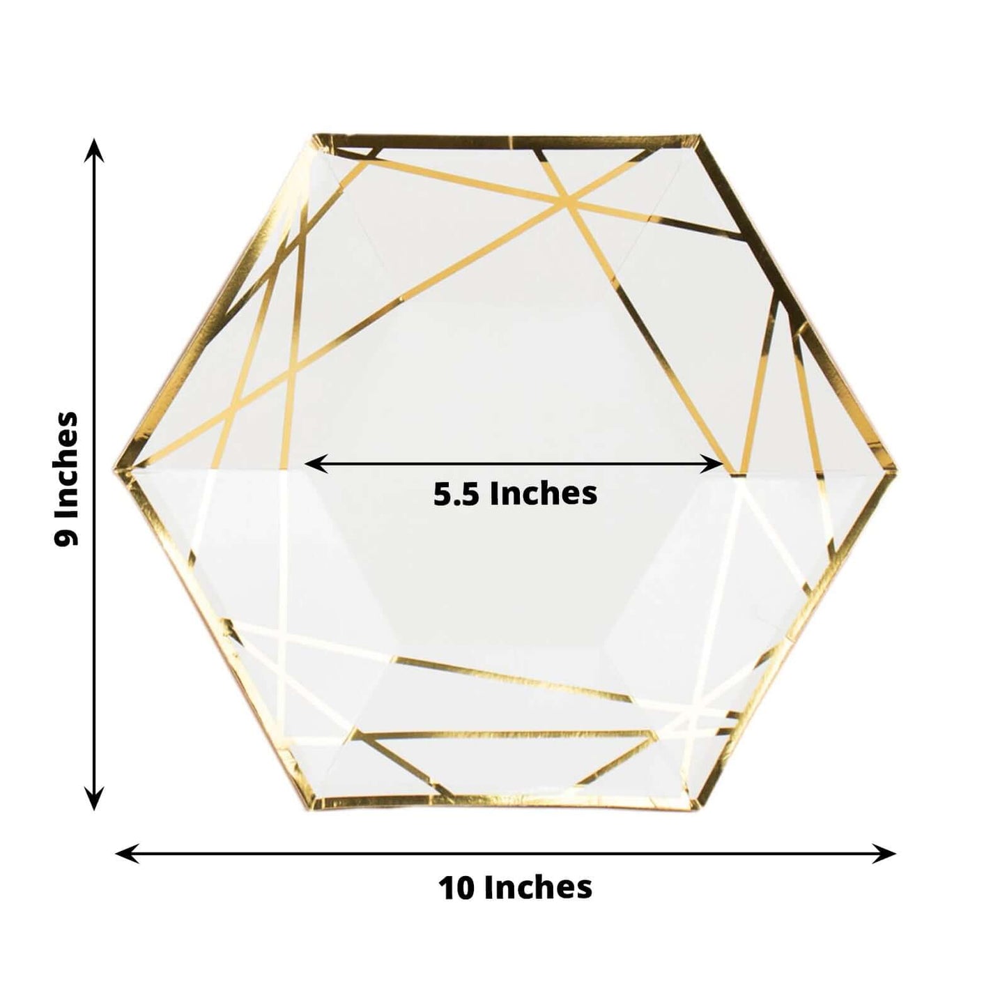 25-Pack Paper 9" Hexagon Dinner Plates in White with Gold Geometric Lines & Rim