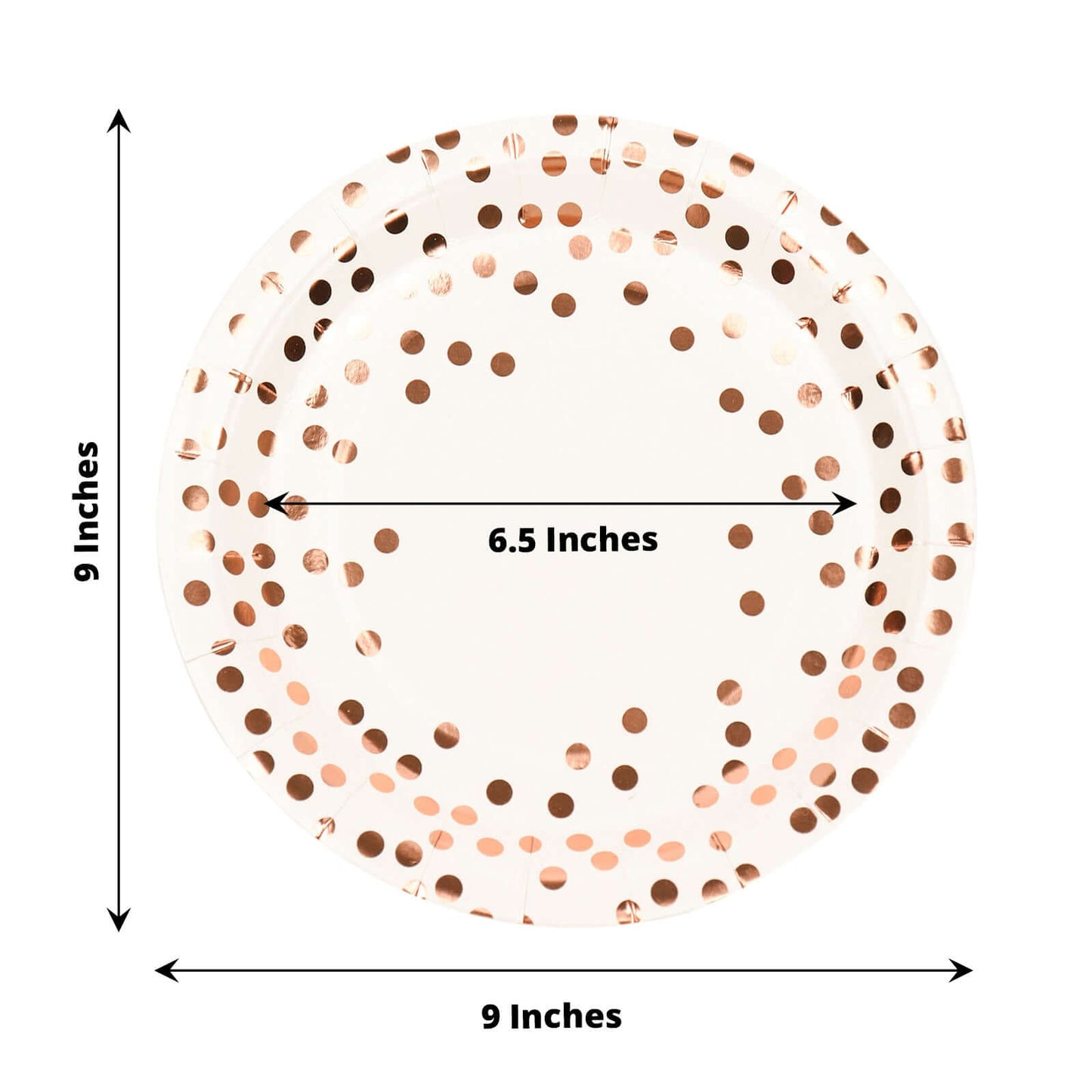 25-Pack Paper Round Dinner Plates 9" White with Metallic Rose Gold Polka Dots - Disposable 300GSM Party Plates for Banquets & Celebrations