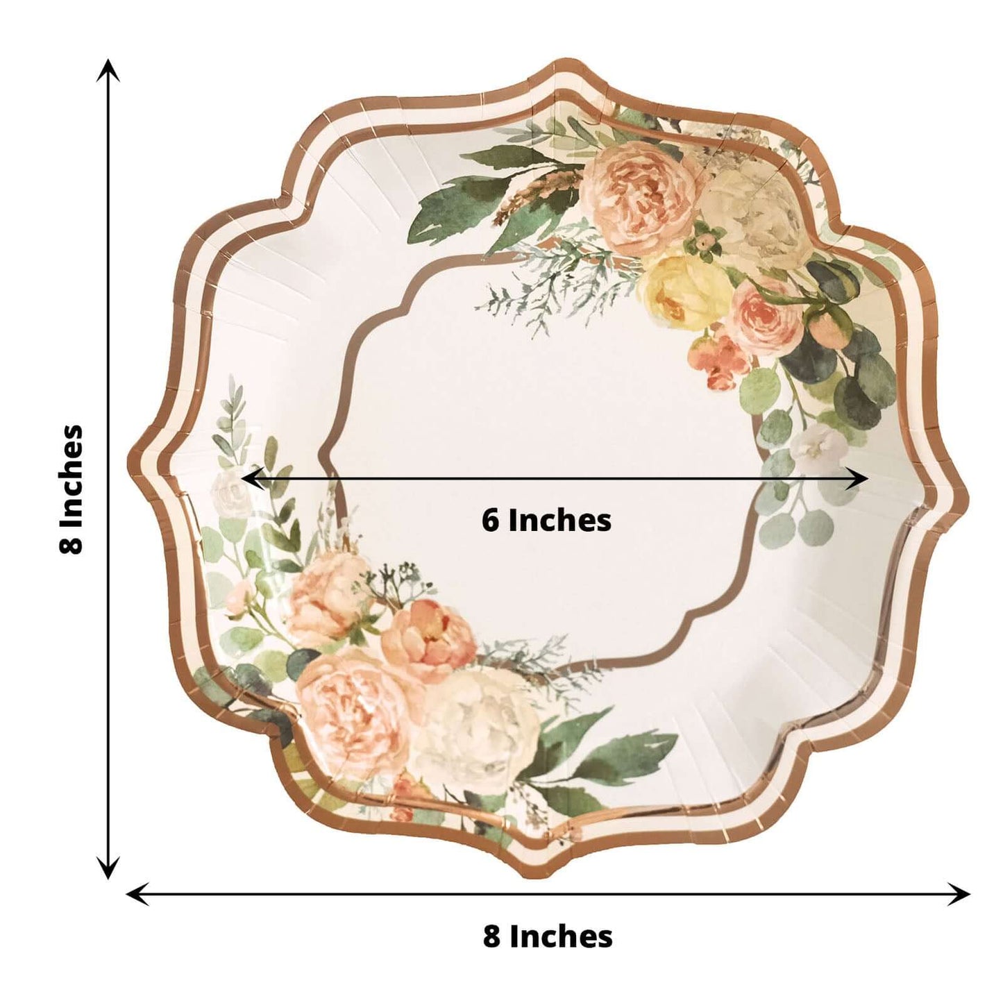 25-Pack Paper 8" Dessert Plates in White with Floral Print & Rose Gold Scallop Rim - Disposable 300GSM Appetizer Salad Plates