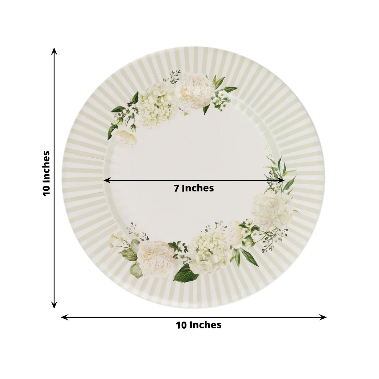 25-Pack Paper 10" Round Dinner Plates in White with Sage Green Floral Print & Lined Rim - Disposable Party Plates for Bridal Showers & Luncheons