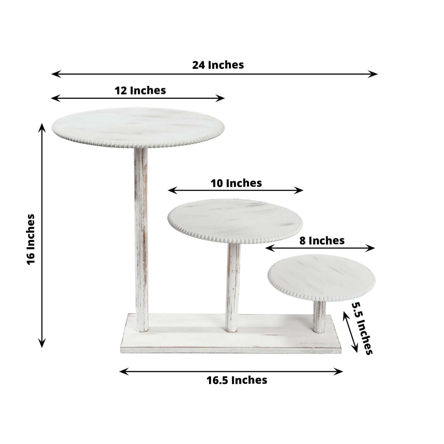 3-Tier Wooden Cake Stand Whitewash with Round Beaded Rim Trays - Rustic Cupcake Tower Dessert Display 24"x16"