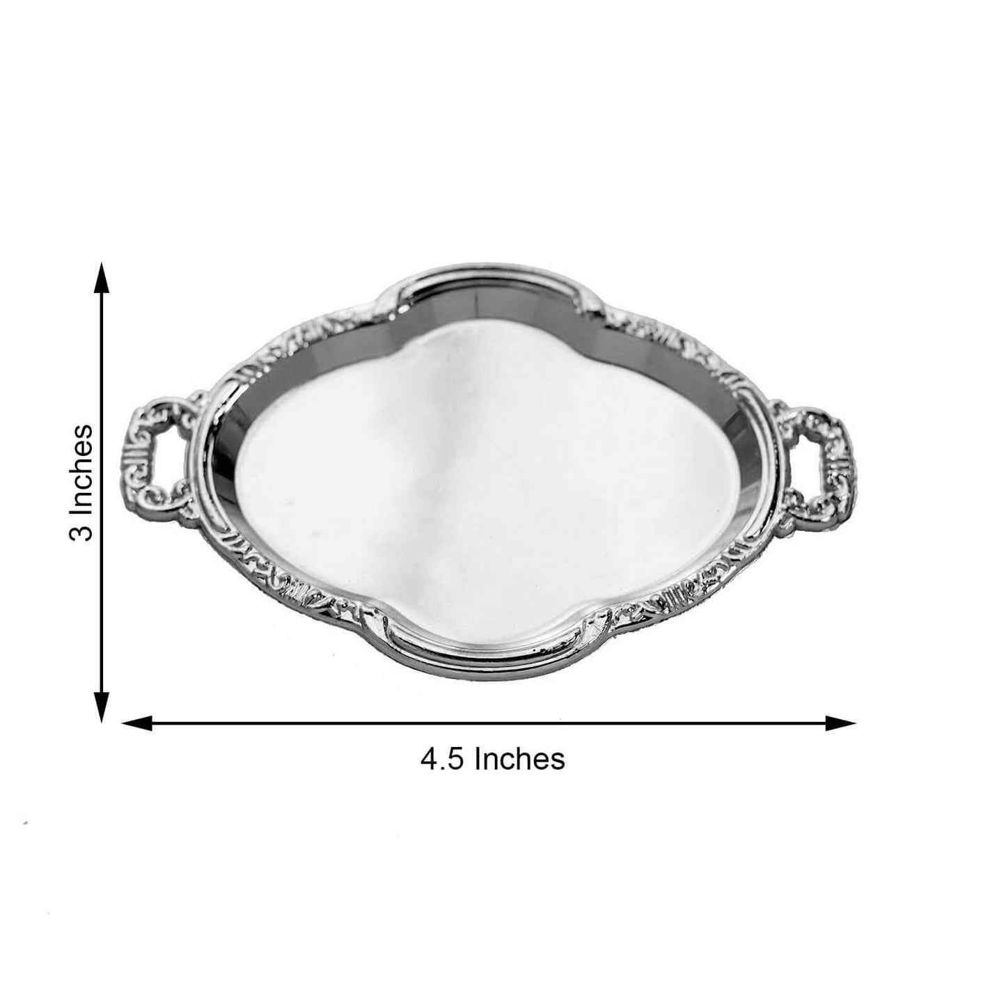 12-Pack Display Trays Party Favor Baroque Oval Design Silver - Mini Serving Platters for Sweets and Desserts 4.5"