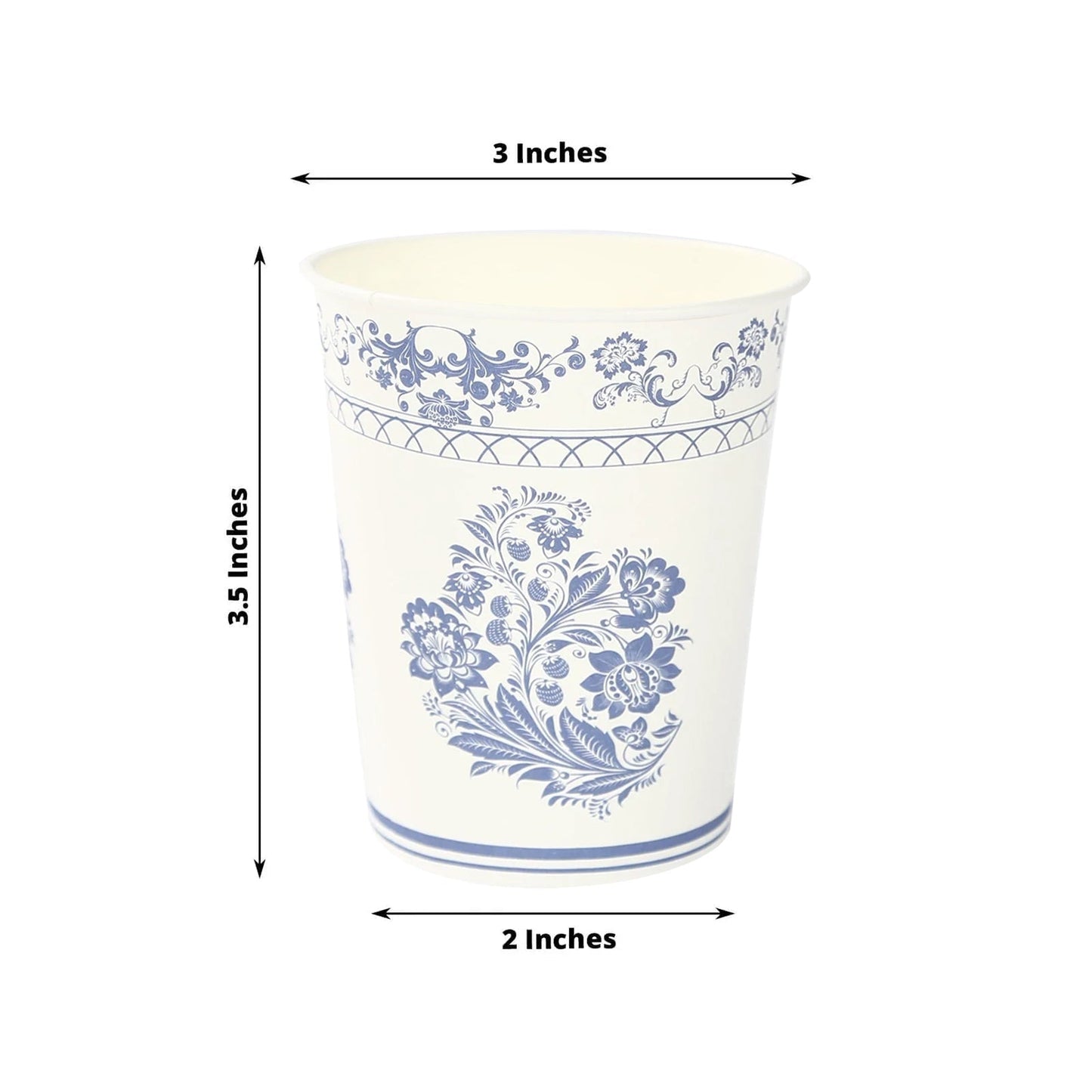24 Pack Disposable Paper Cups in White Royal Blue Damask Floral Pattern, Elegant Party Cups - 9oz