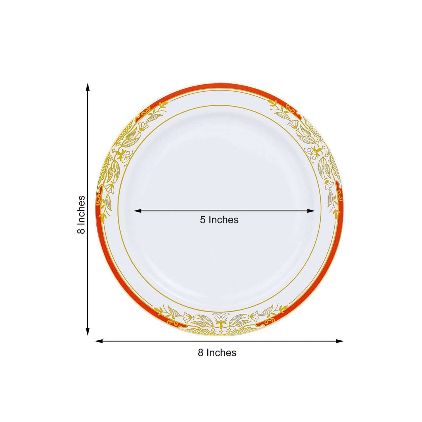 10-Pack Plastic 8" Round Dessert Plates in White with Red Rim - Stylish Gold Vine Design Disposable Salad/Appetizer Plates for Special Occasions & Celebrations