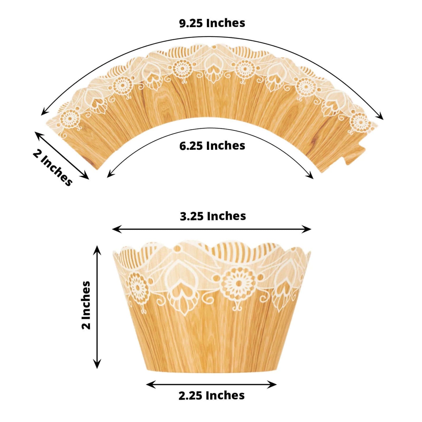 25-Pack Paper Cupcake Wrappers Wood Grain and Lace Print Design Natural - Boho Muffin Baking Cup Wraps