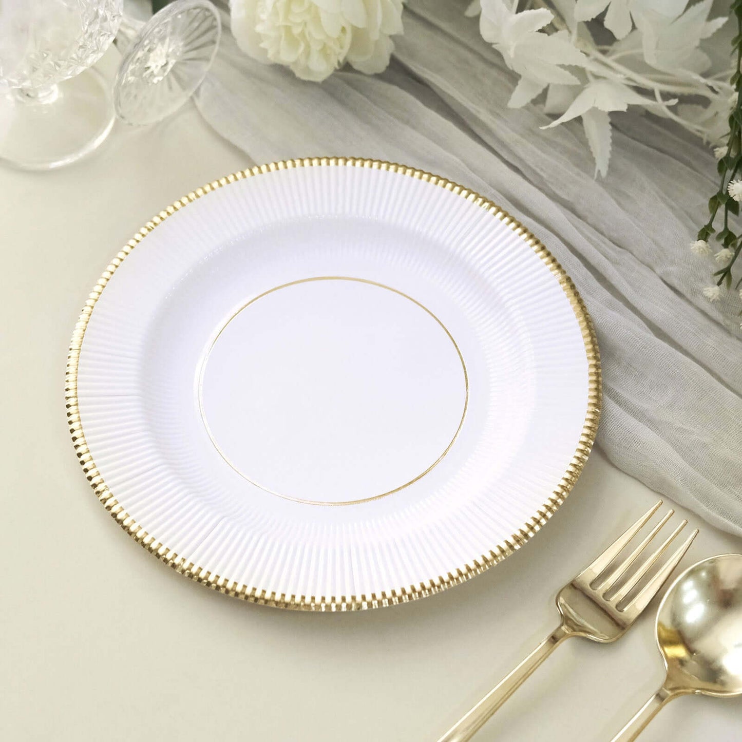 25-Pack Paper 8" Round Dessert Plates in White Sunray Design with Gold Rim - Disposable Heavy Duty 350GSM Appetizer Salad Plates for Banquets & Celebrations