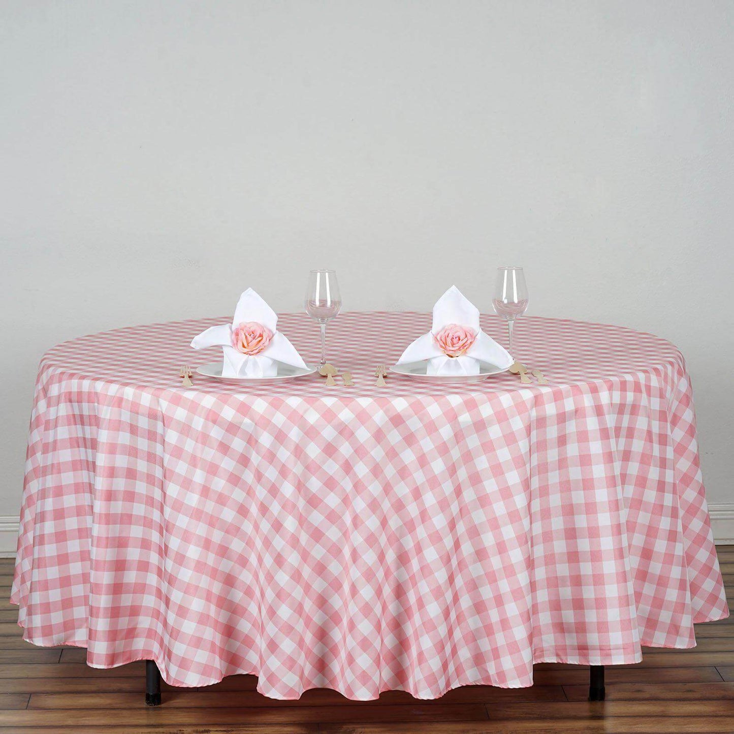 Polyester 108" Round Tablecloth White/Rose Quartz - Checkered Buffalo Plaid Design for Stylish Celebrations