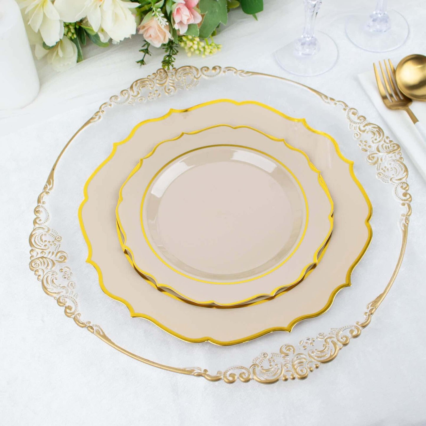 10-Pack Plastic 10" Round Dinner Plates in Taupe with Gold Scalloped Rim - Disposable Party Plates