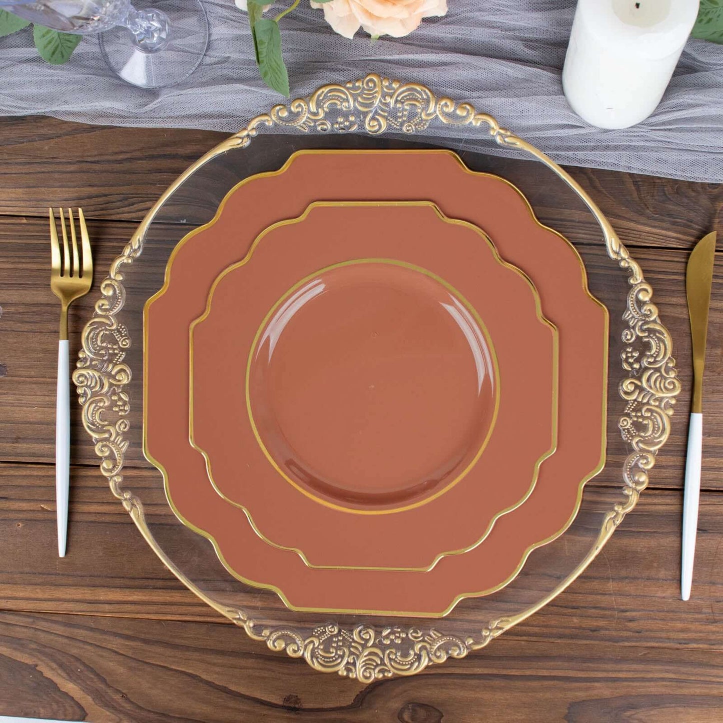 10-Pack Plastic Dessert Appetizer Plates in Terracotta (Rust) Baroque Design with Scalloped Gold Rim - Heavy Duty Disposable Salad Plates 8"