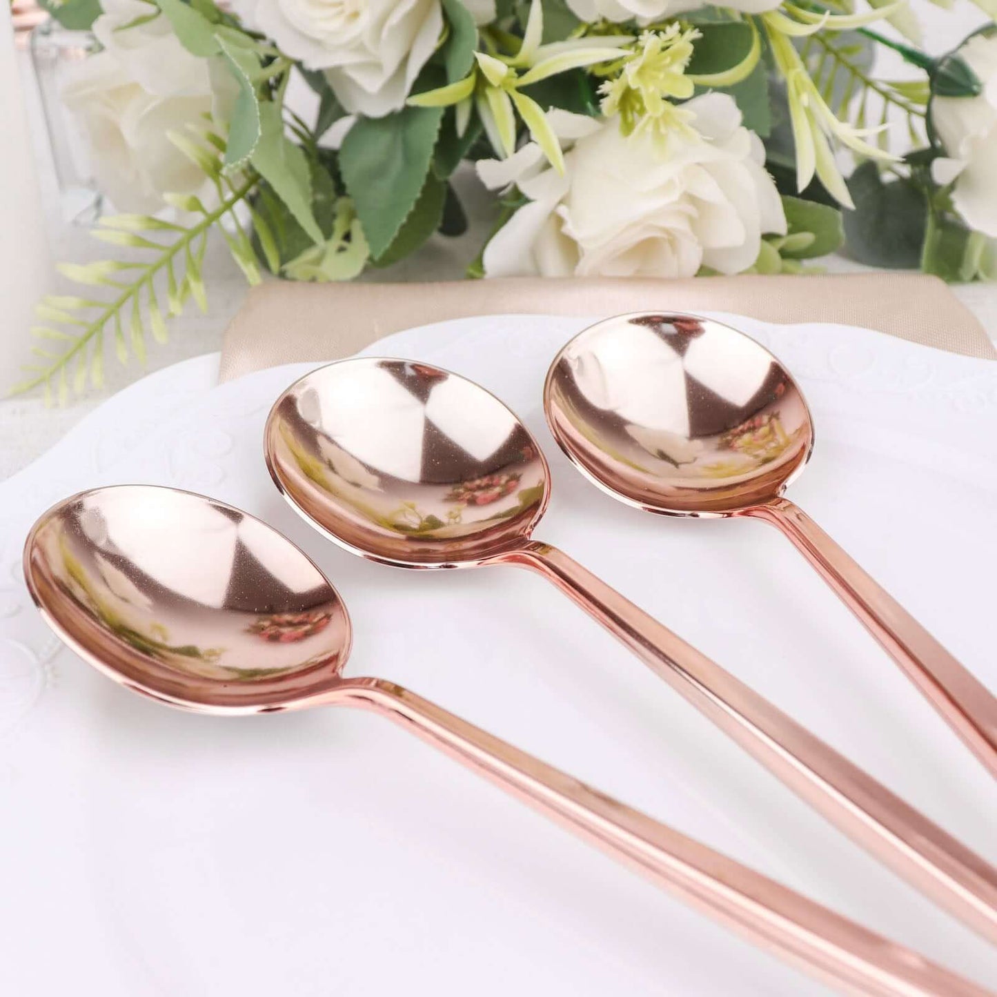 24-Pack Plastic Spoons Glossy Rose Gold - Premium Heavy Duty Disposable Silverware 8"