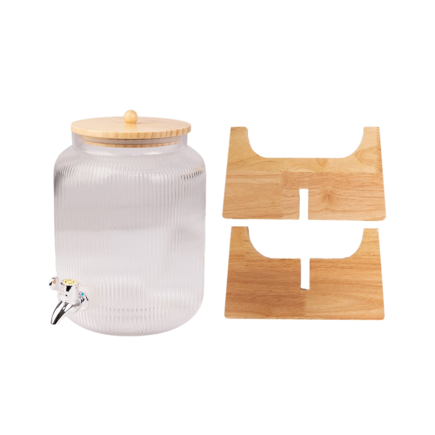 1 Gallon Clear Ribbed Glass Beverage Dispenser, Round Juice Jar with Wooden Stand and Lid - Lead-Free Countertop Feature 14"