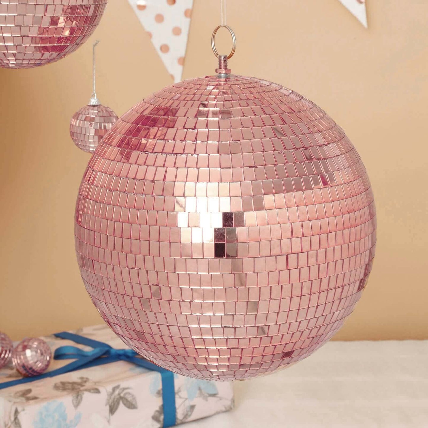 2 Pack 10" Rose Gold Foam Disco Mirror Ball With Hanging Swivel Ring, Holiday Party Decor
