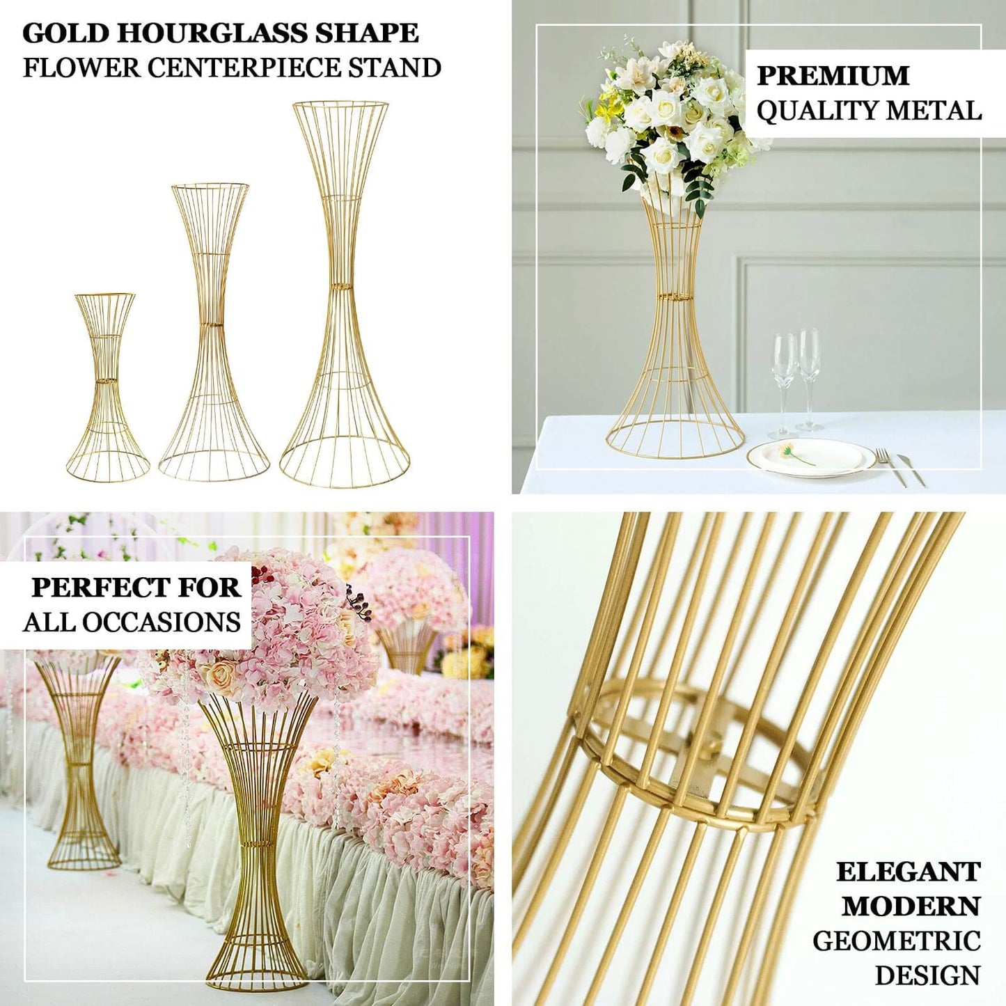 48" Tall Gold Metal Wire Hourglass Flower Frame Stand, Open Frame Reversible Trumpet Centerpiece Stand