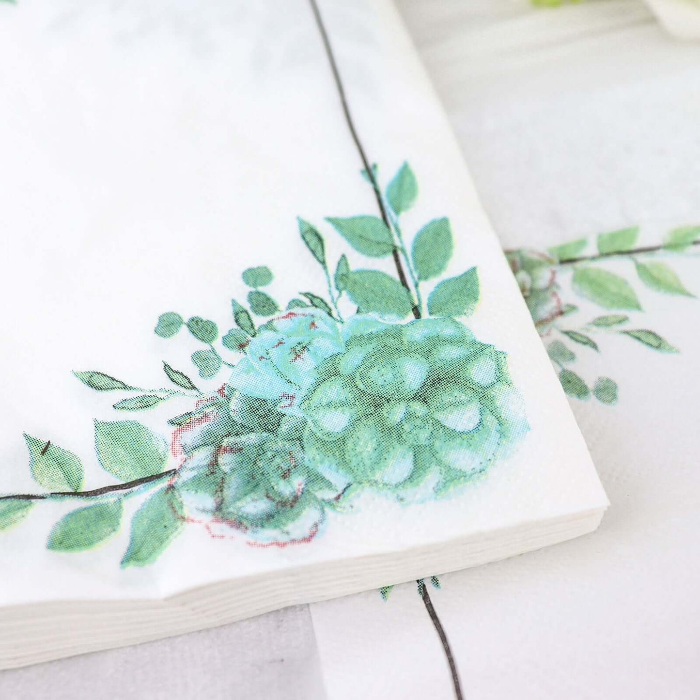 20-Pack Paper Dinner Napkins with Floral Design White/Green - Disposable 2 Ply Beverage Napkins 6.5"x6.5"