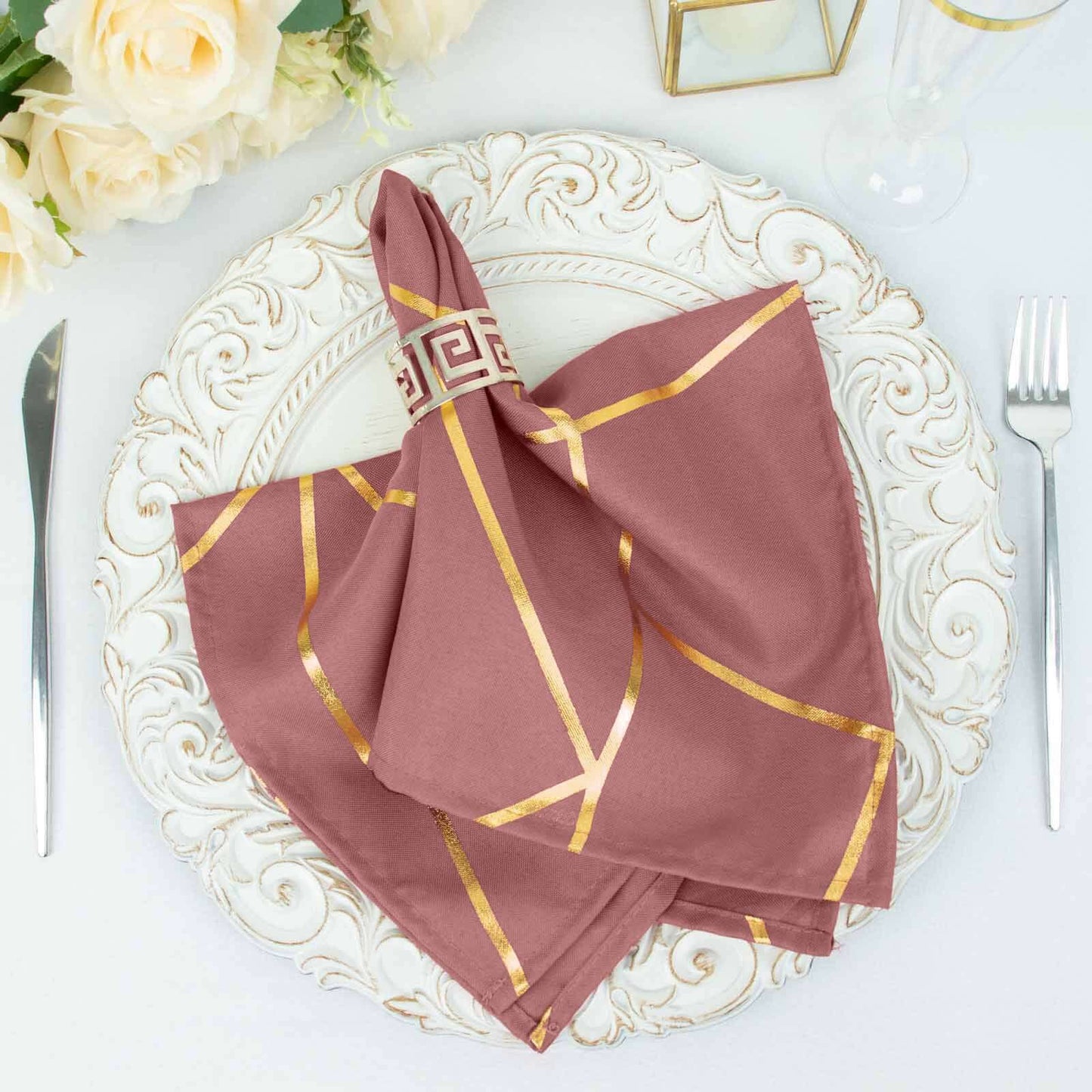 5 Pack Polyester 20"x20" Napkins Cinnamon Rose with Gold Geometric Foil Pattern - Modern Reusable Dinner Napkins