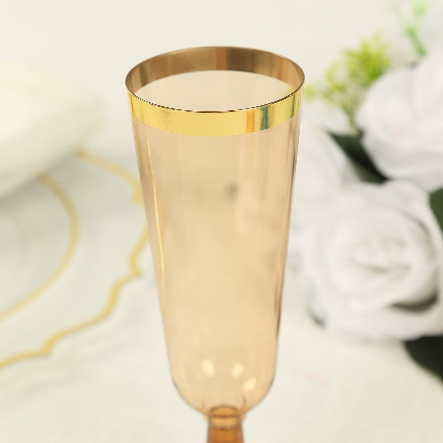 12-Pack Plastic Champagne Flutes Transparent Amber Gold with Gold Rim - Stylish Disposable Cocktail Glasses for Parties 5oz 6"