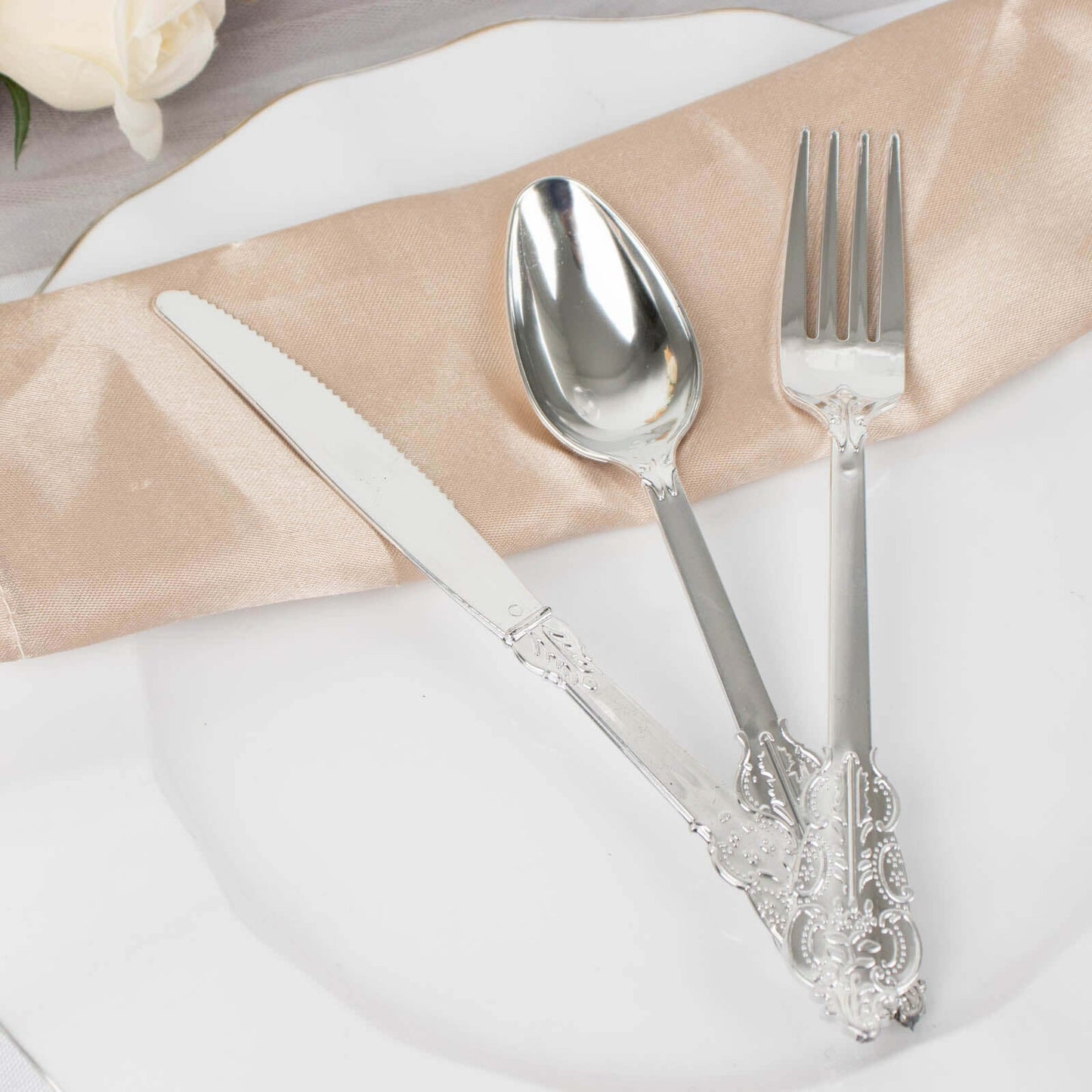 24 Pcs Plastic Silverware Set in Baroque Style Metallic Silver - Heavy Duty Disposable Knife, Fork, and Spoon Set